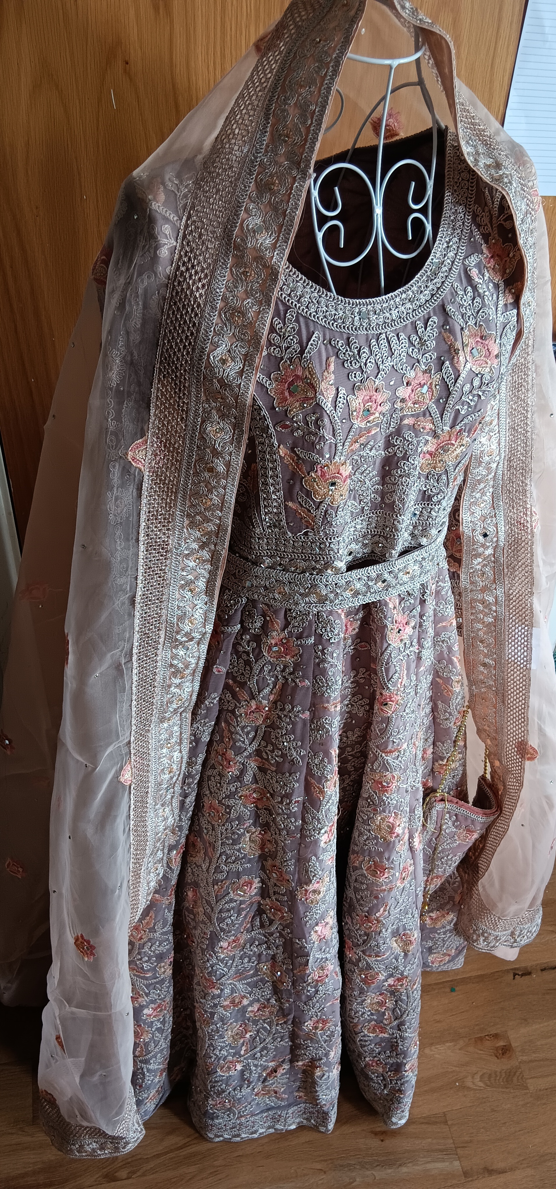 Pink Beige Anarkali Suit with Embroidered Bodice organza Dupatta belt and bag - Image 8