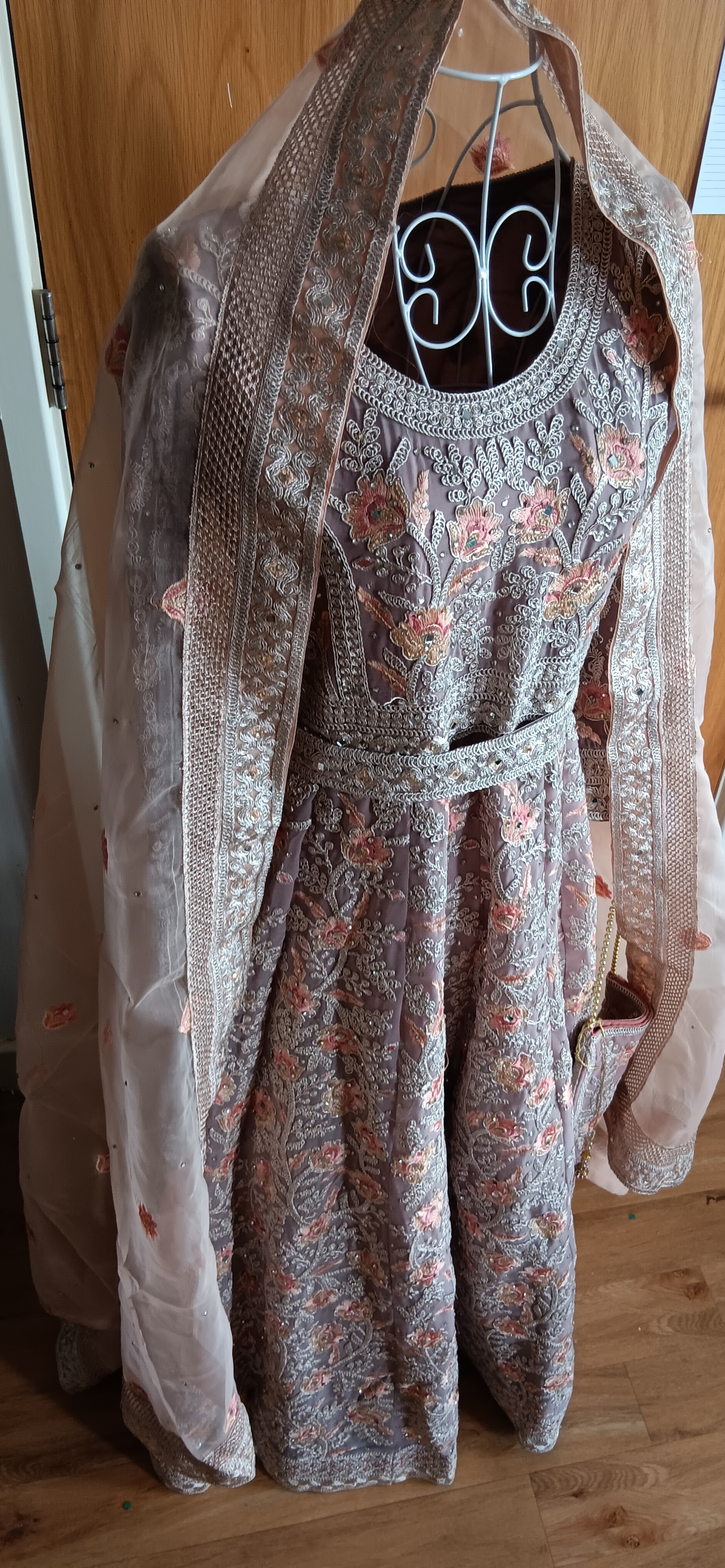 Pink Beige Anarkali Suit with Embroidered Bodice organza Dupatta belt and bag