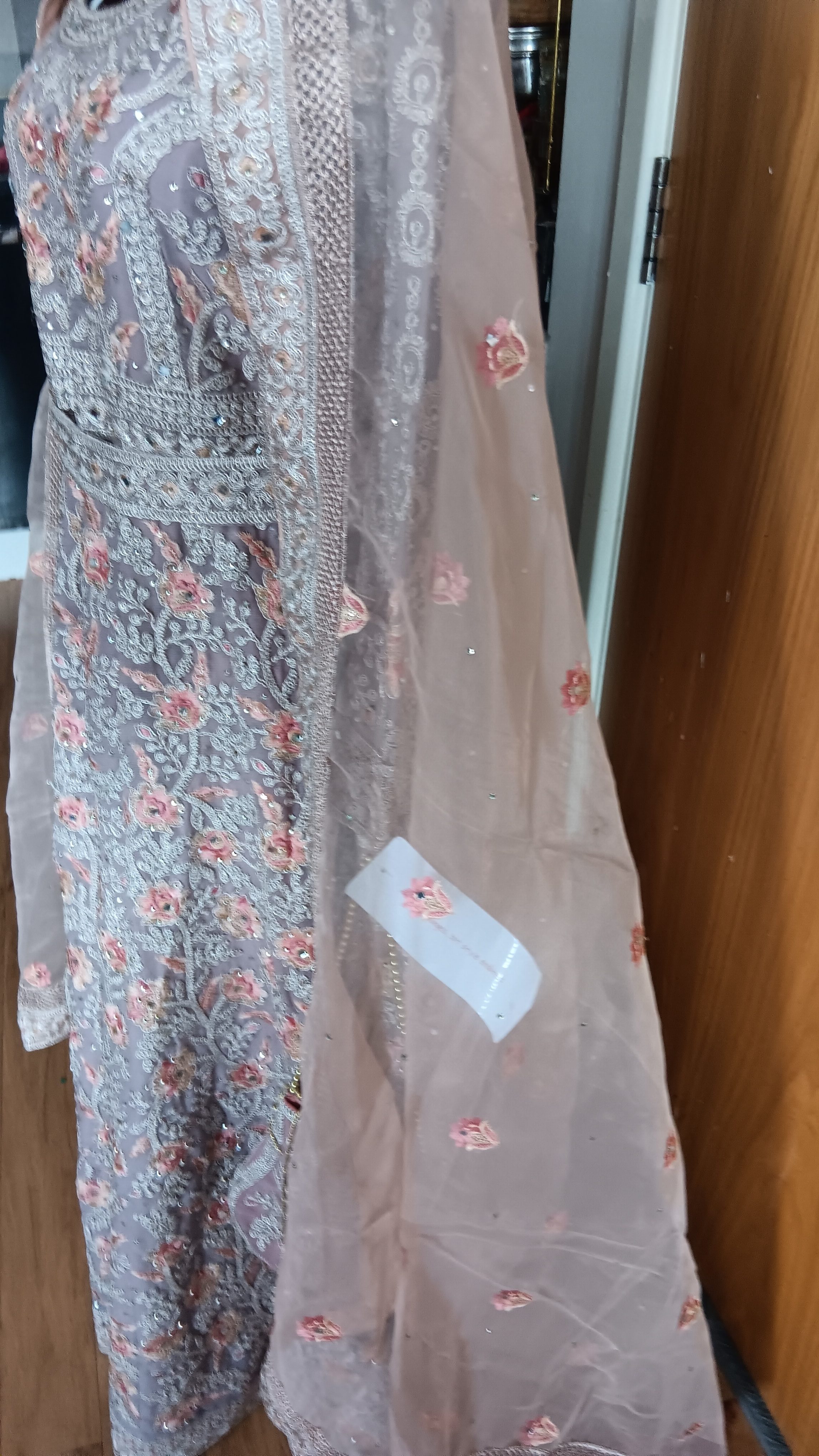 Pink Beige Anarkali Suit with Embroidered Bodice organza Dupatta belt and bag - Image 7