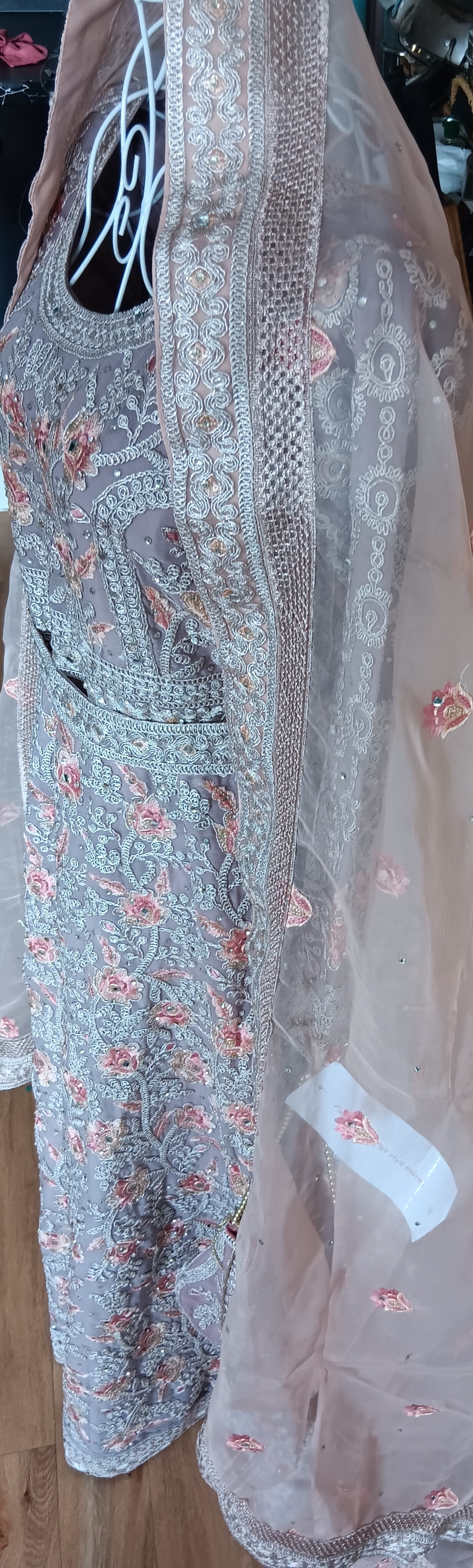 Pink Beige Anarkali Suit with Embroidered Bodice organza Dupatta belt and bag - Image 2