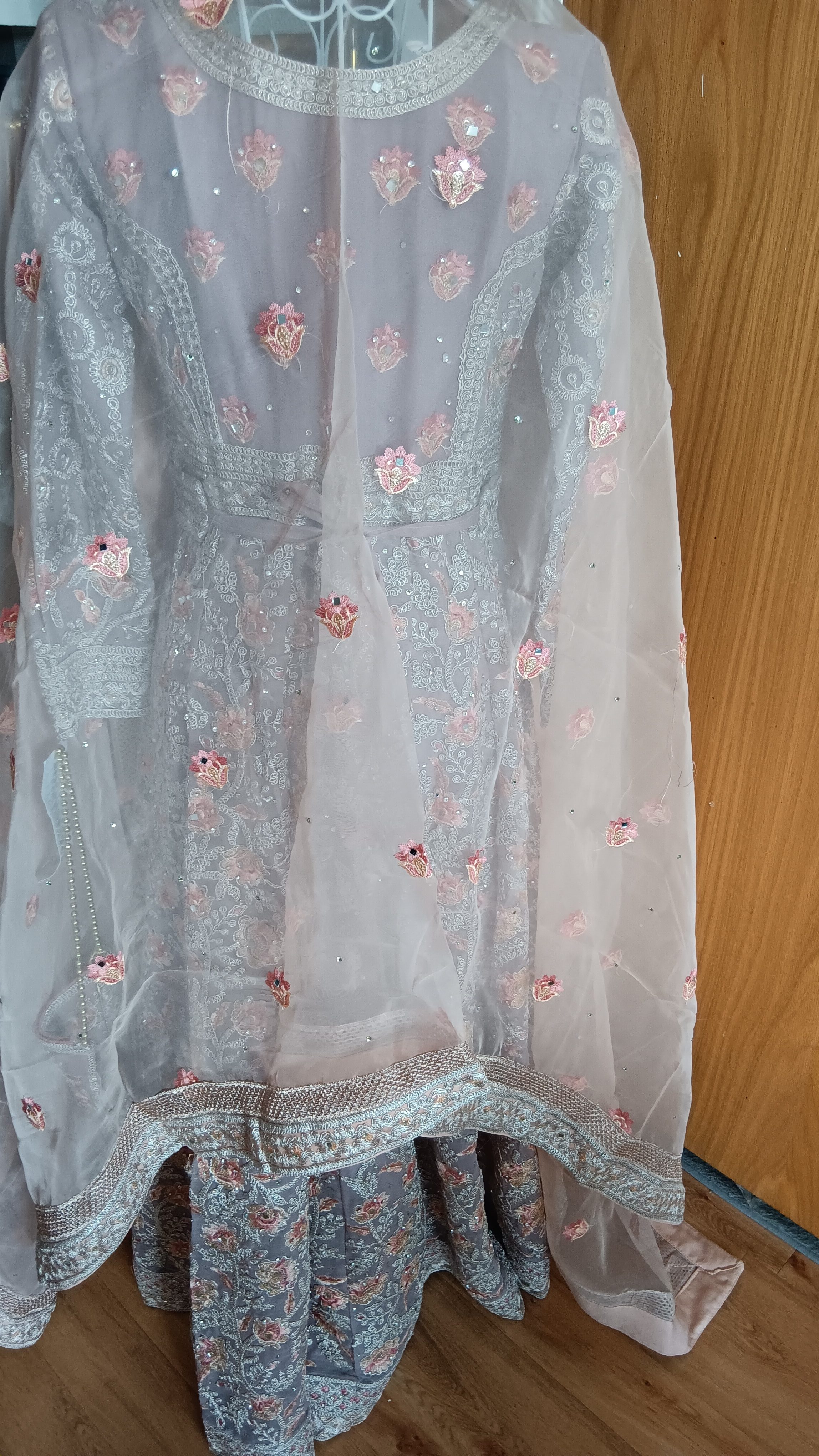 Pink Beige Anarkali Suit with Embroidered Bodice organza Dupatta belt and bag - Image 10