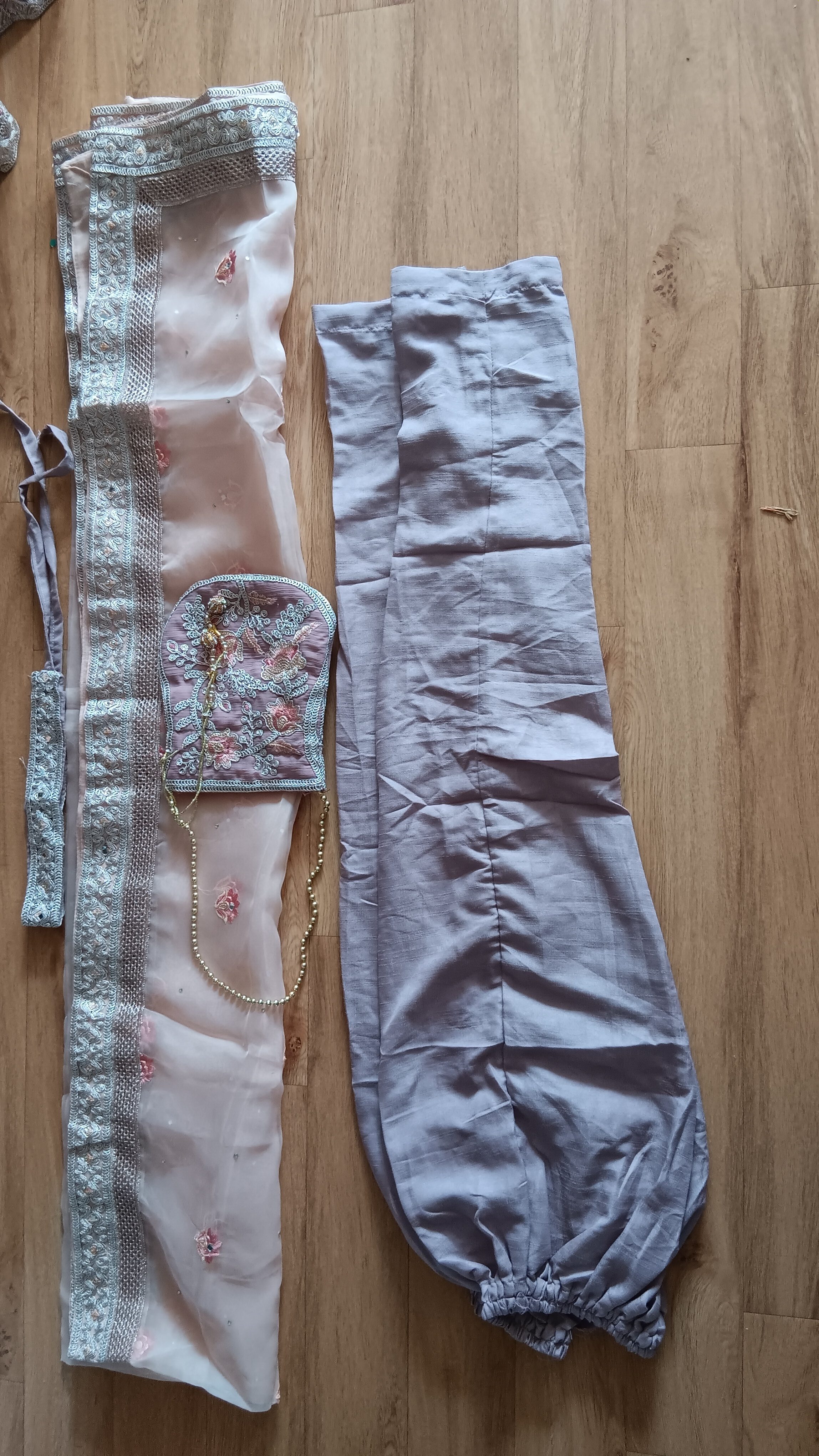 Pink Beige Anarkali Suit with Embroidered Bodice organza Dupatta belt and bag - Image 12
