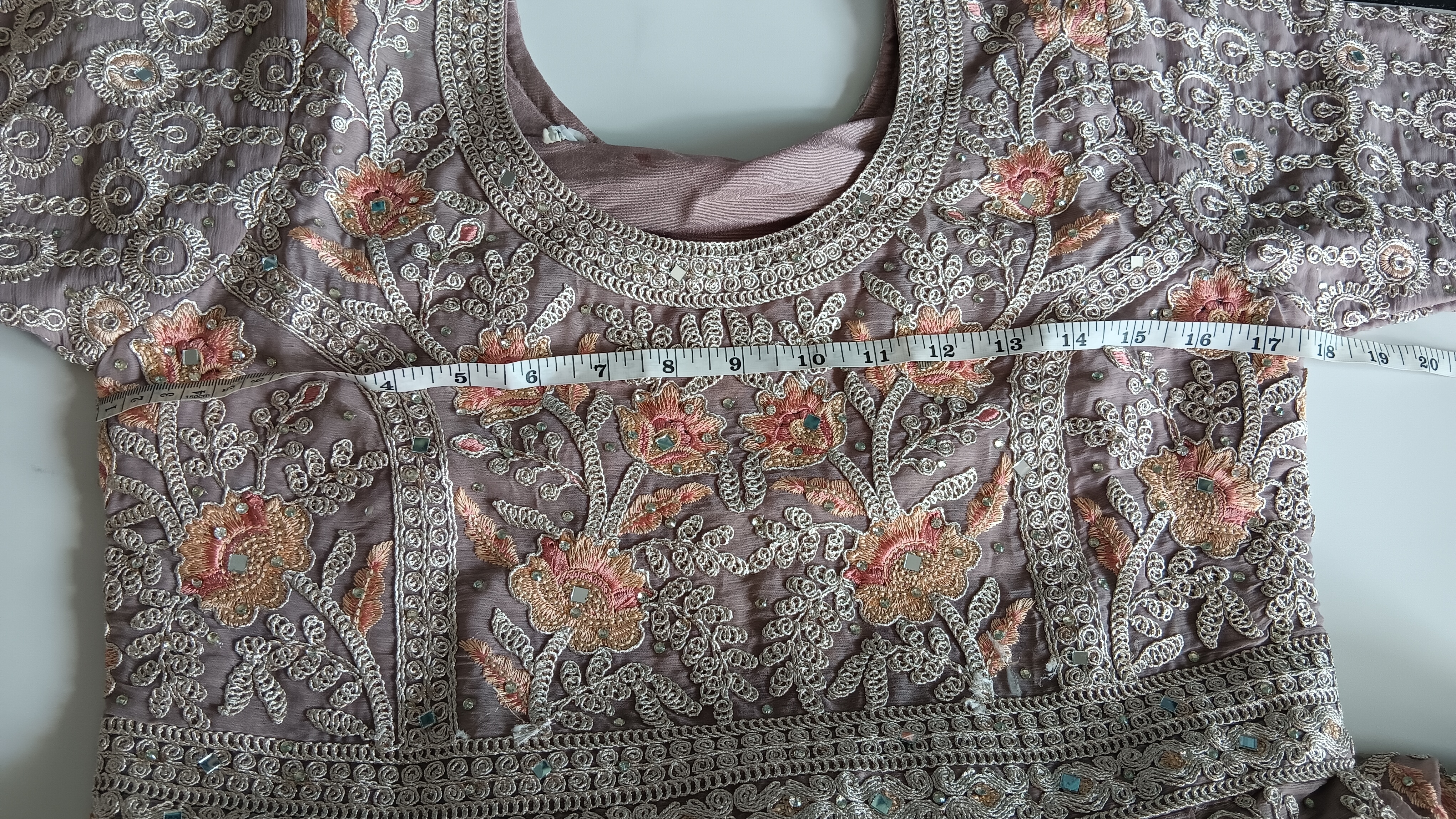 Pink Beige Anarkali Suit with Embroidered Bodice organza Dupatta belt and bag - Image 16