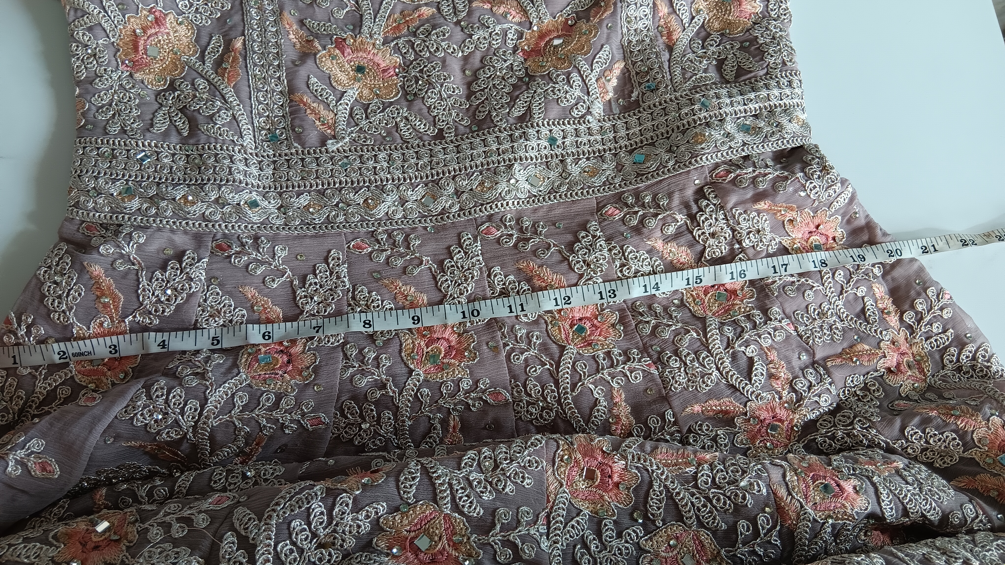 Pink Beige Anarkali Suit with Embroidered Bodice organza Dupatta belt and bag - Image 17