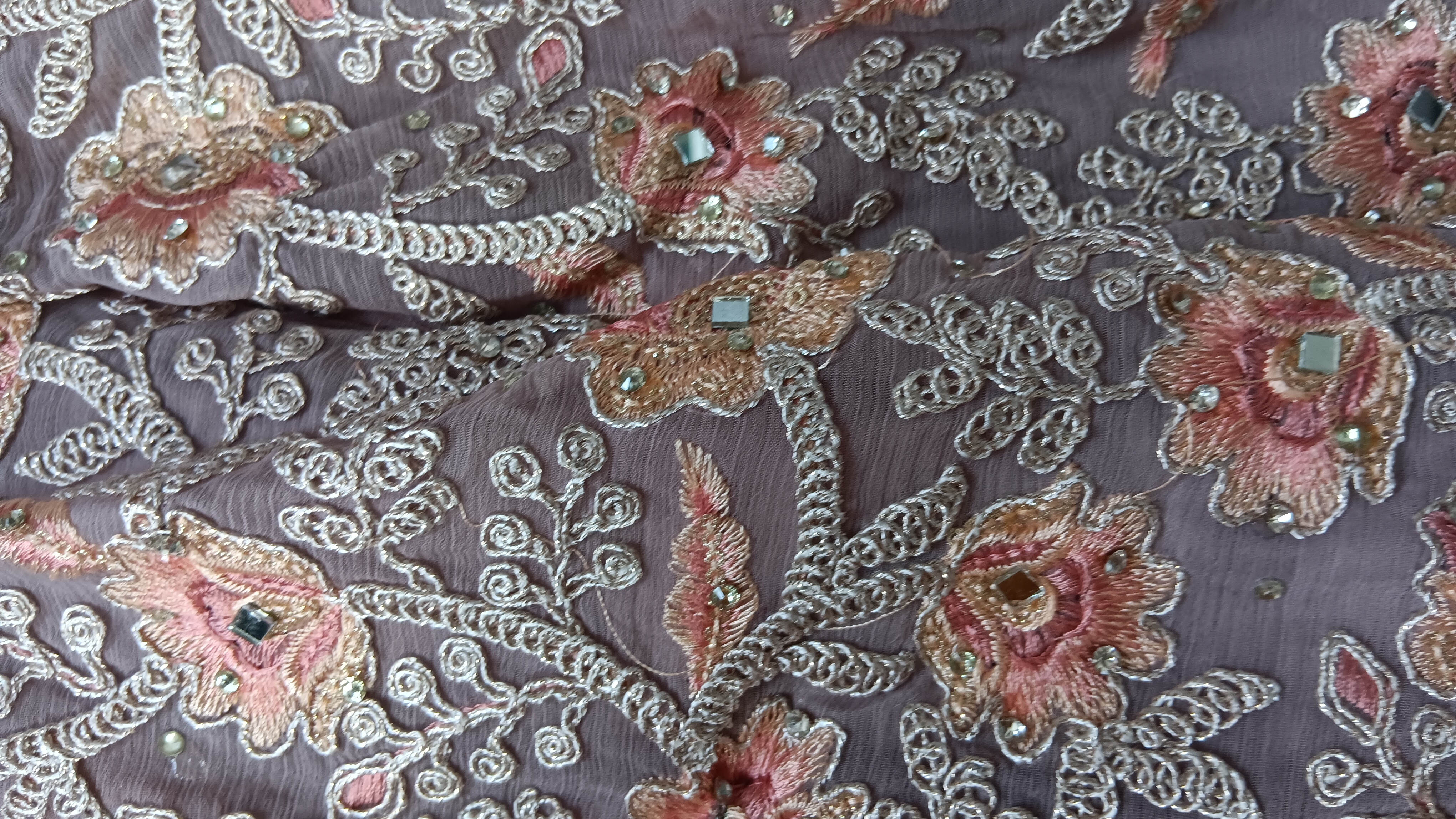 Pink Beige Anarkali Suit with Embroidered Bodice organza Dupatta belt and bag - Image 9