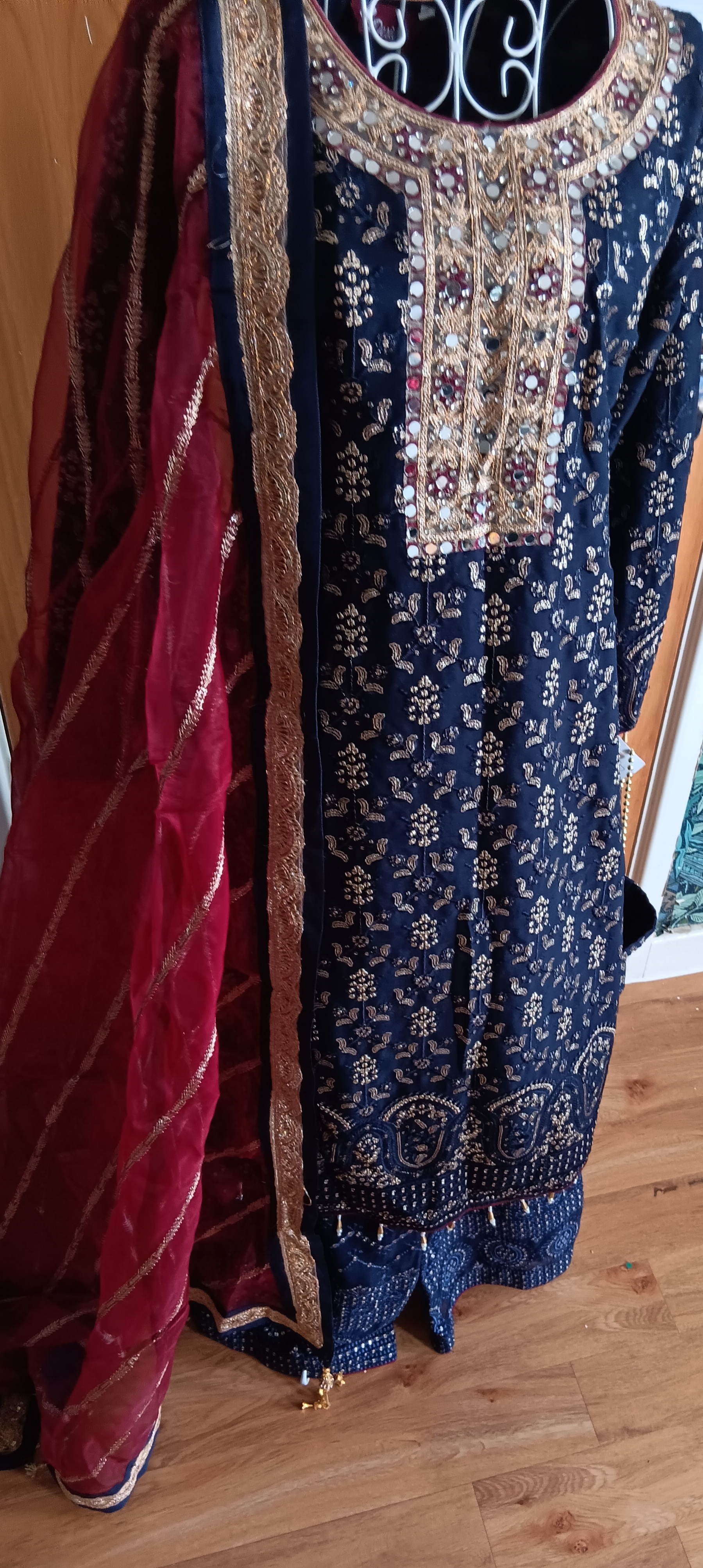 Navy Blue Printed Shalwar Kameez Suit with Red organza Dupatta - Image 11