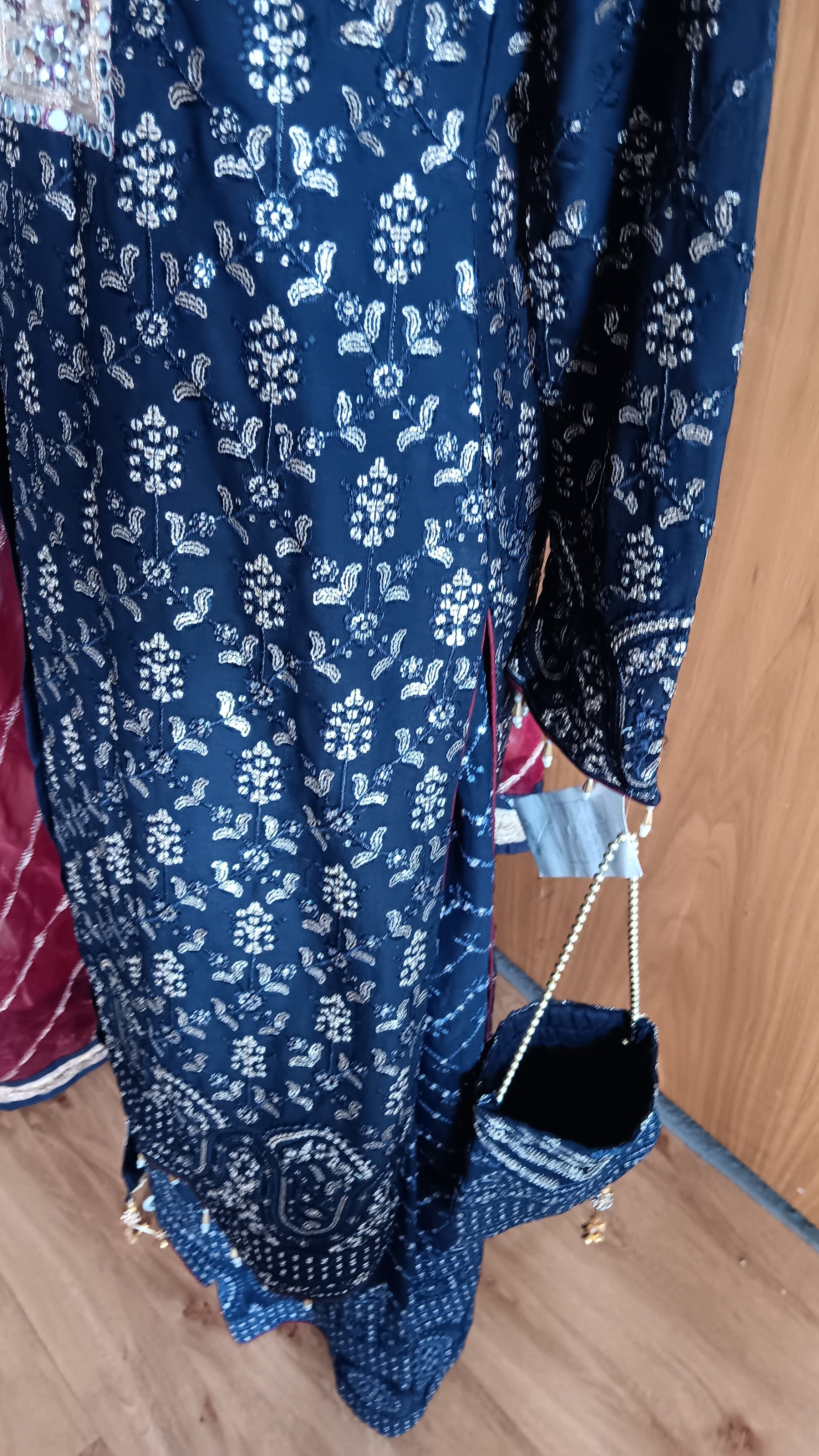 Navy Blue Printed Shalwar Kameez Suit with Red organza Dupatta - Image 16