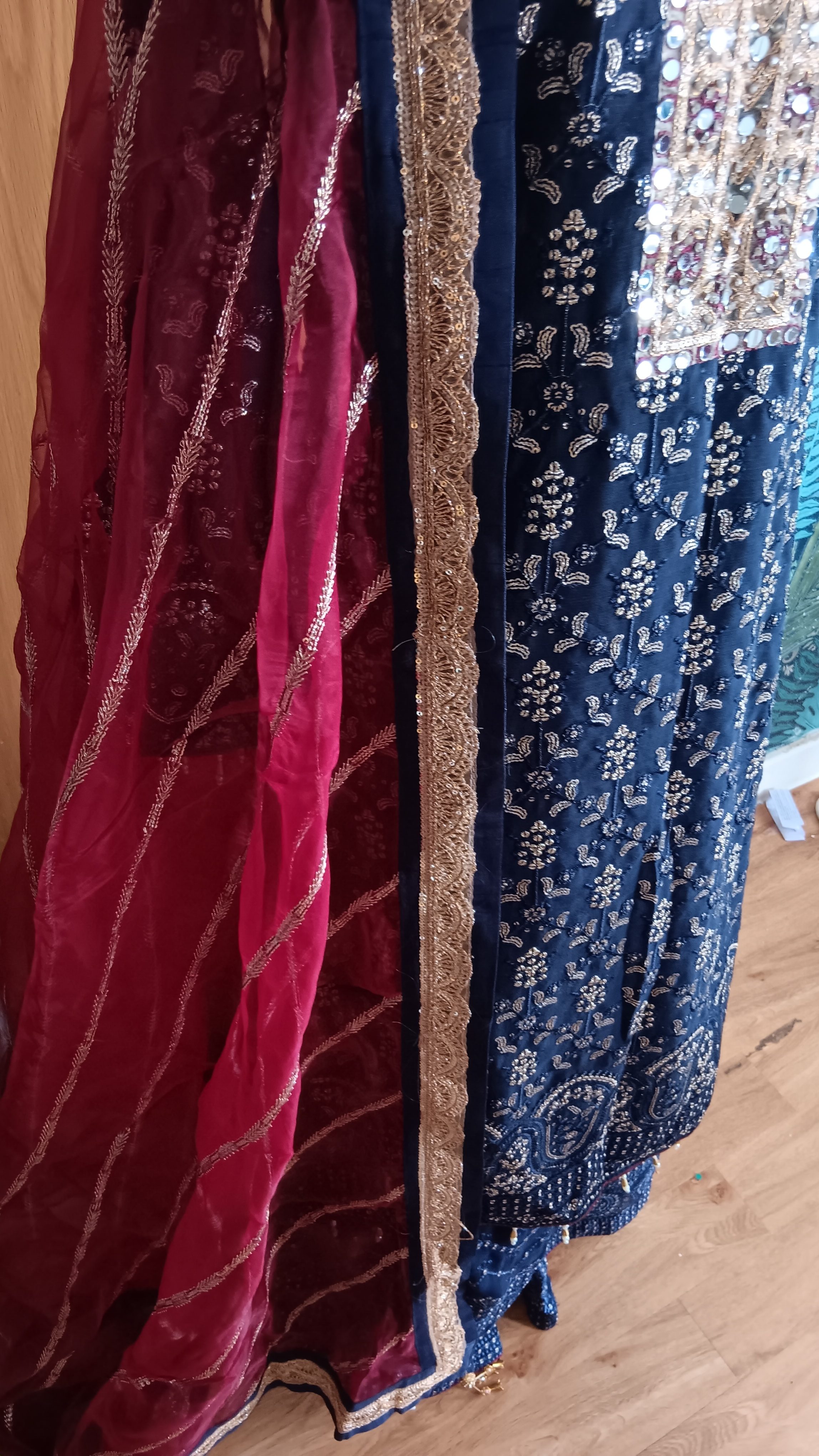 Navy Blue Printed Shalwar Kameez Suit with Red organza Dupatta - Image 3
