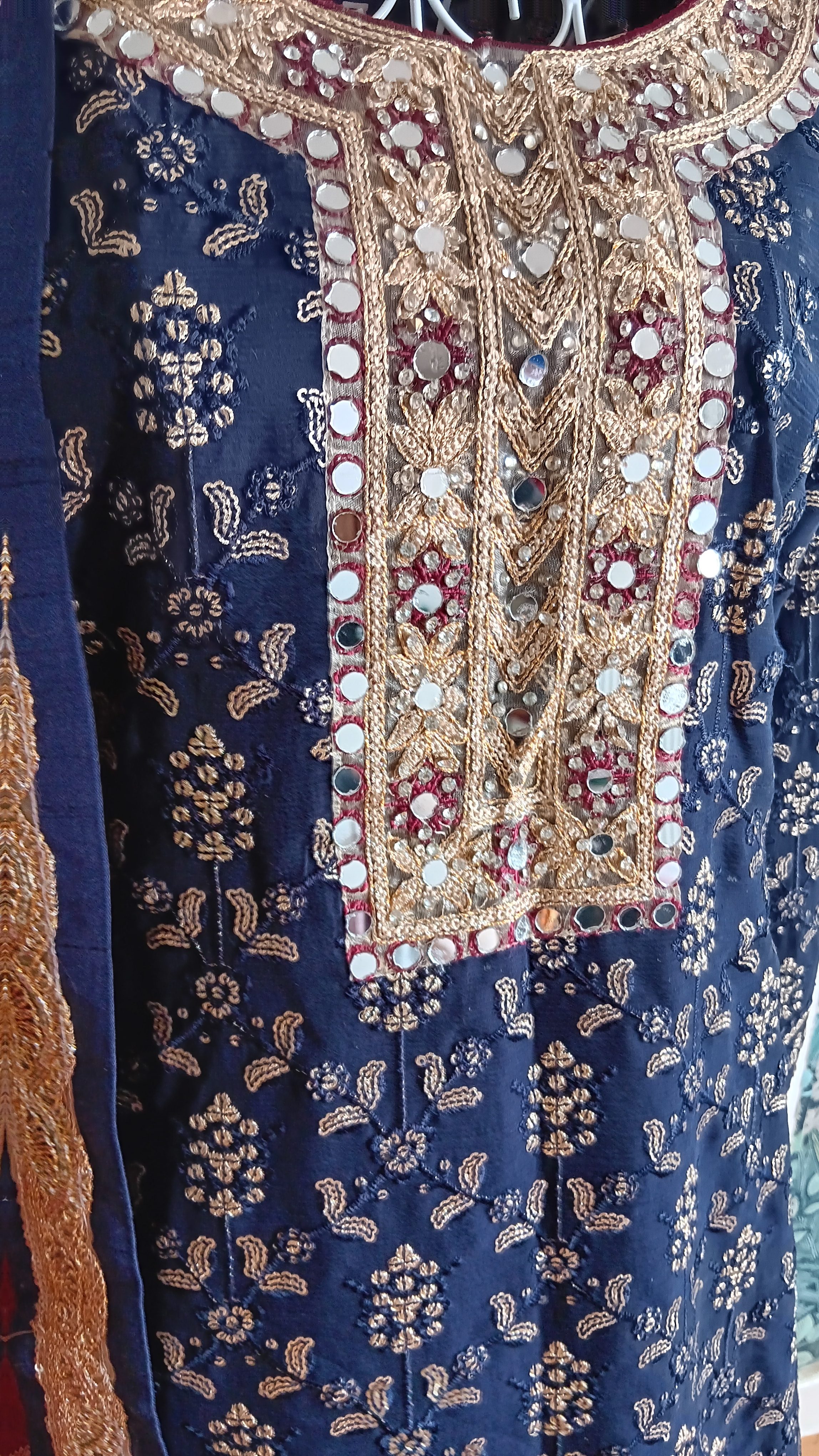 Navy Blue Printed Shalwar Kameez Suit with Red organza Dupatta - Image 21