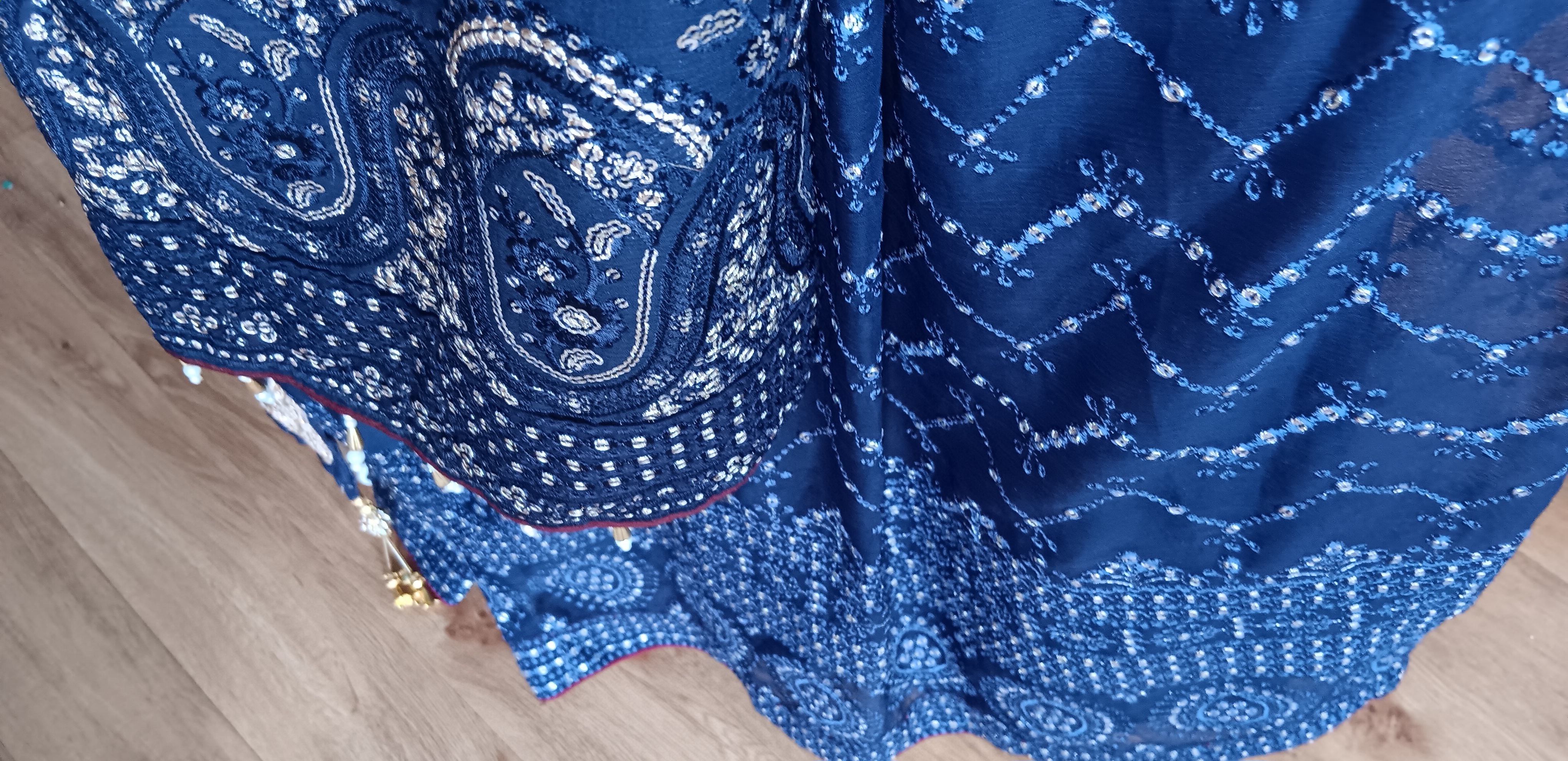 Navy Blue Printed Shalwar Kameez Suit with Red organza Dupatta - Image 15