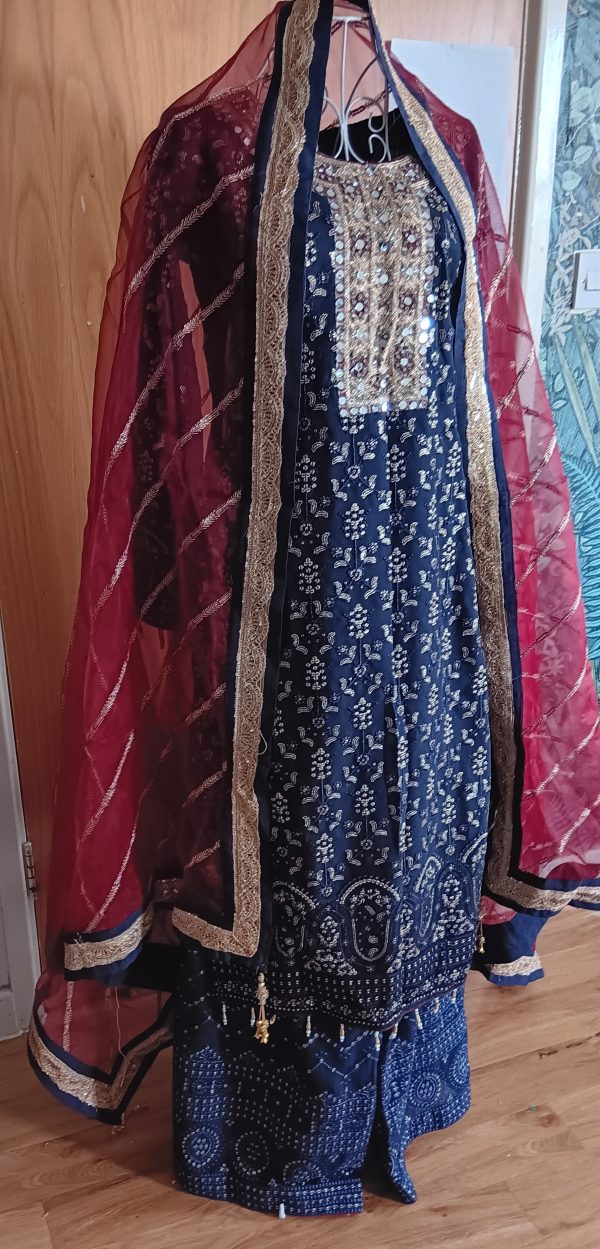 Navy Blue Printed Shalwar Kameez Suit with Red organza Dupatta