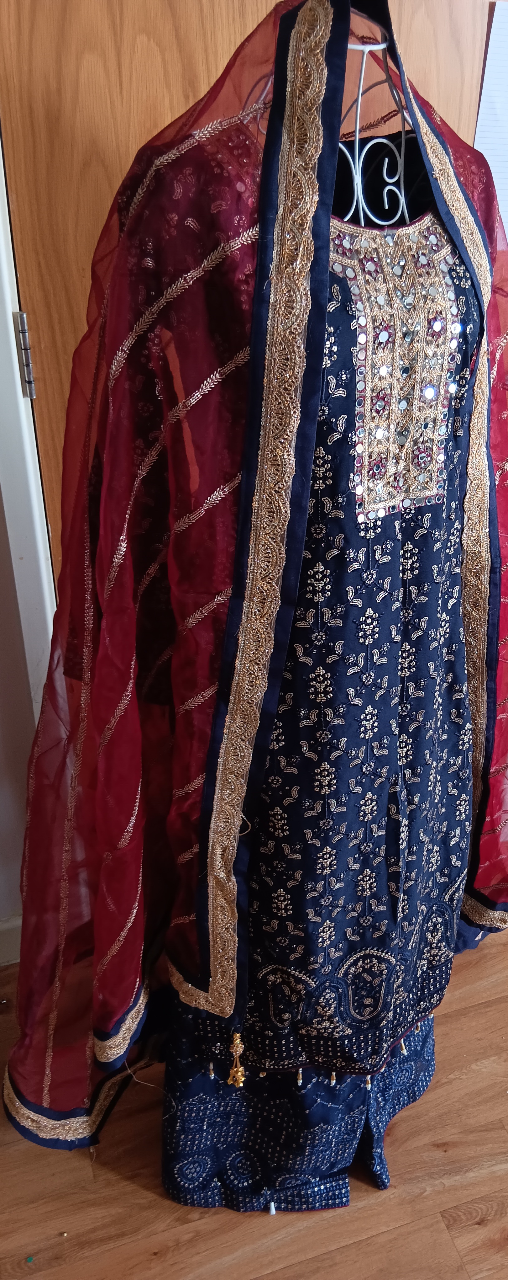 Navy Blue Printed Shalwar Kameez Suit with Red organza Dupatta - Image 12