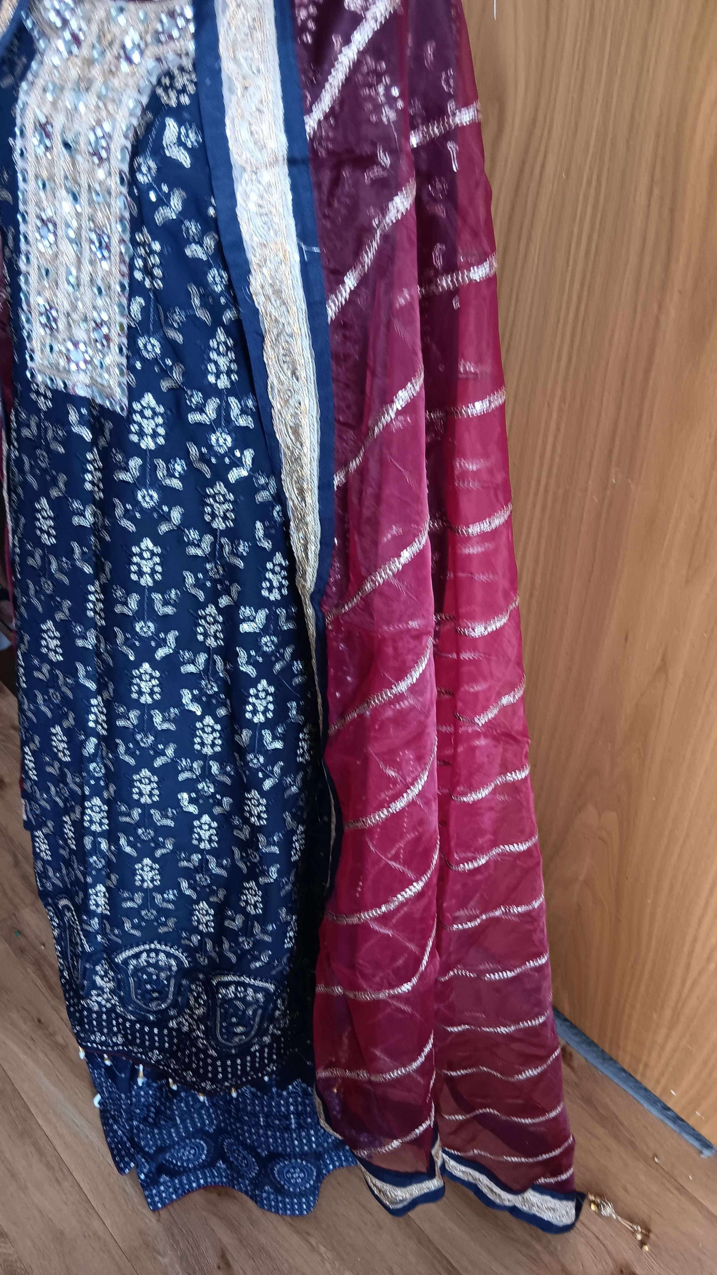 Navy Blue Printed Shalwar Kameez Suit with Red organza Dupatta - Image 18