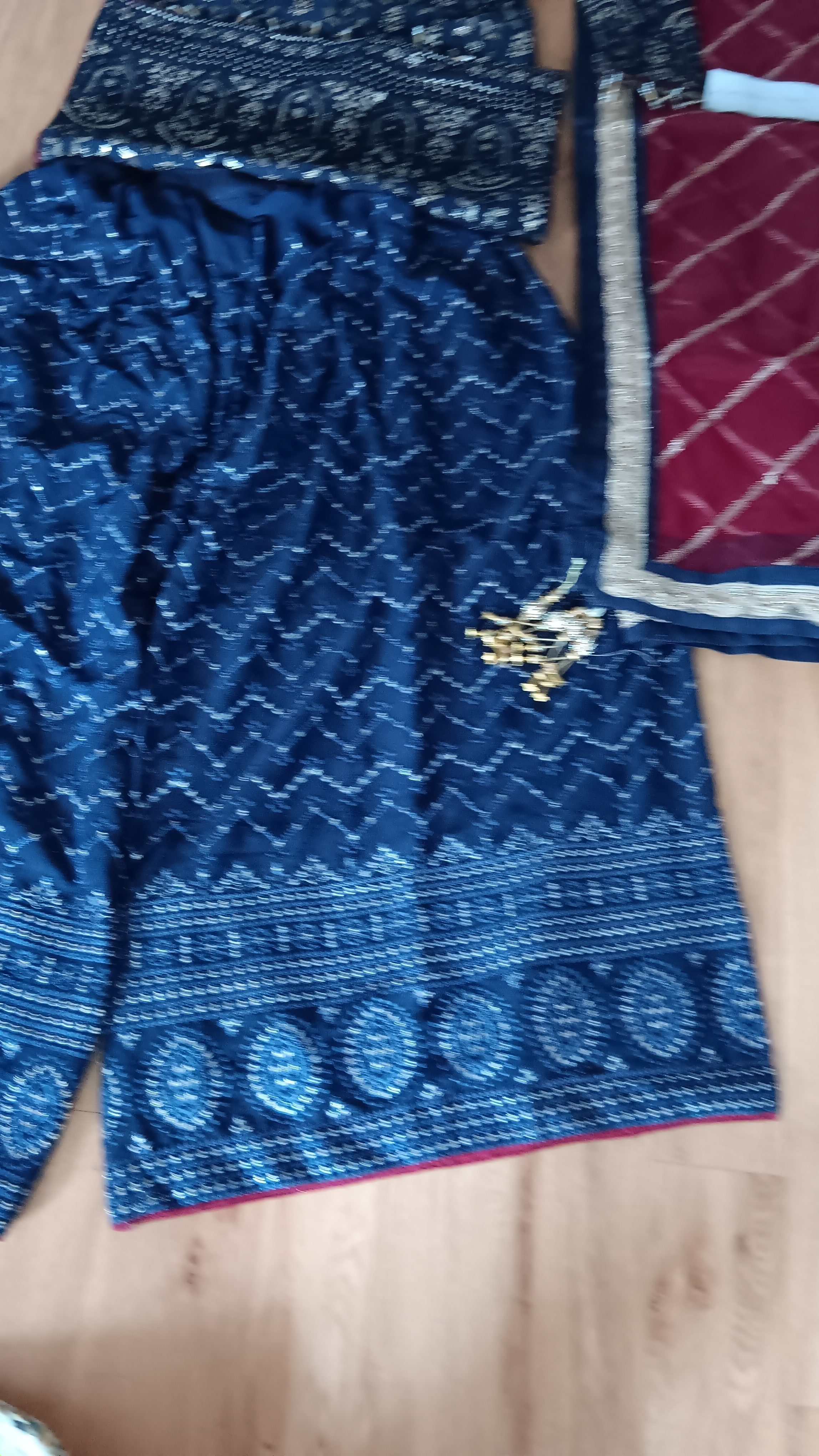 Navy Blue Printed Shalwar Kameez Suit with Red organza Dupatta - Image 19