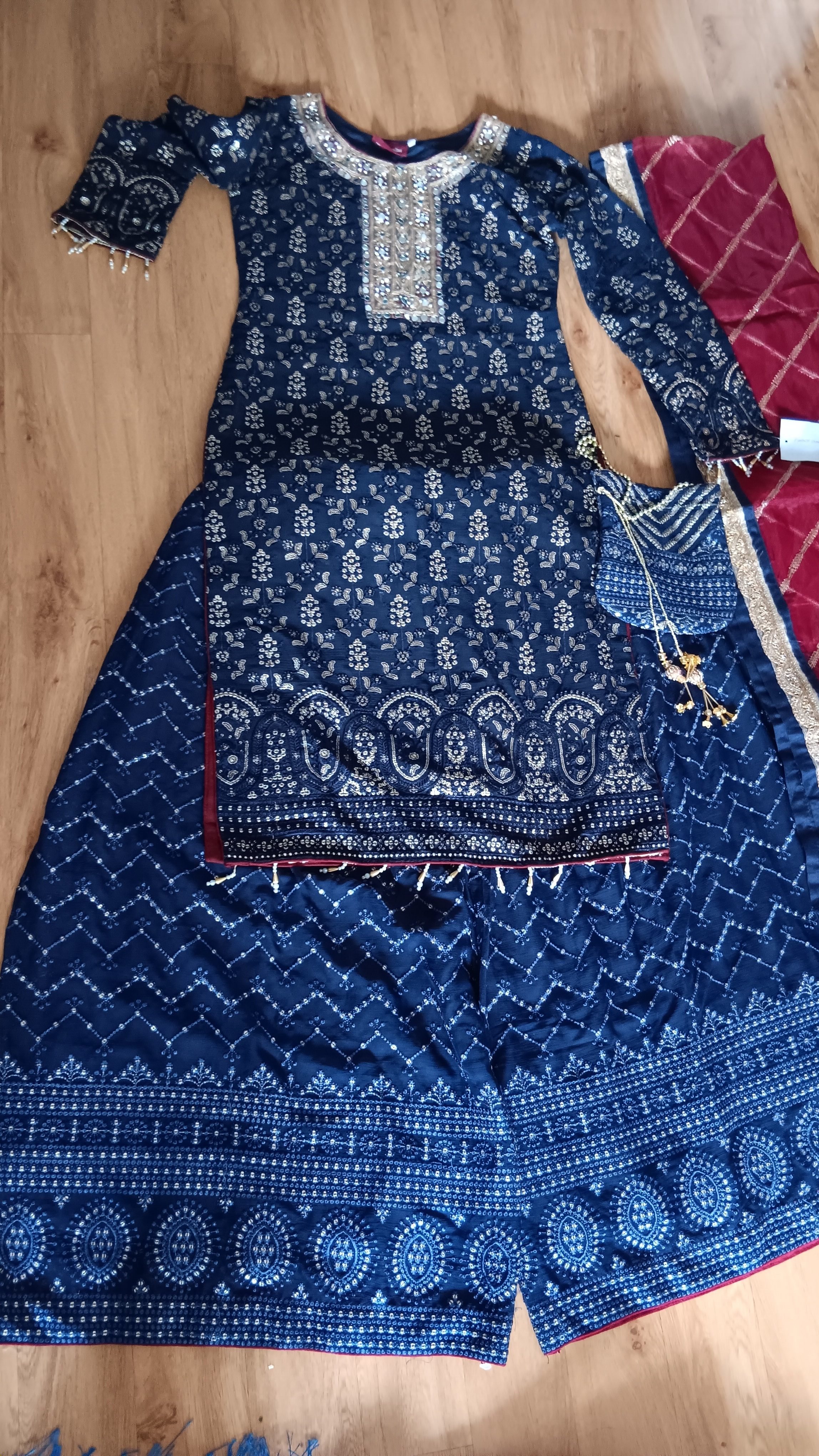 Navy Blue Printed Shalwar Kameez Suit with Red organza Dupatta - Image 22