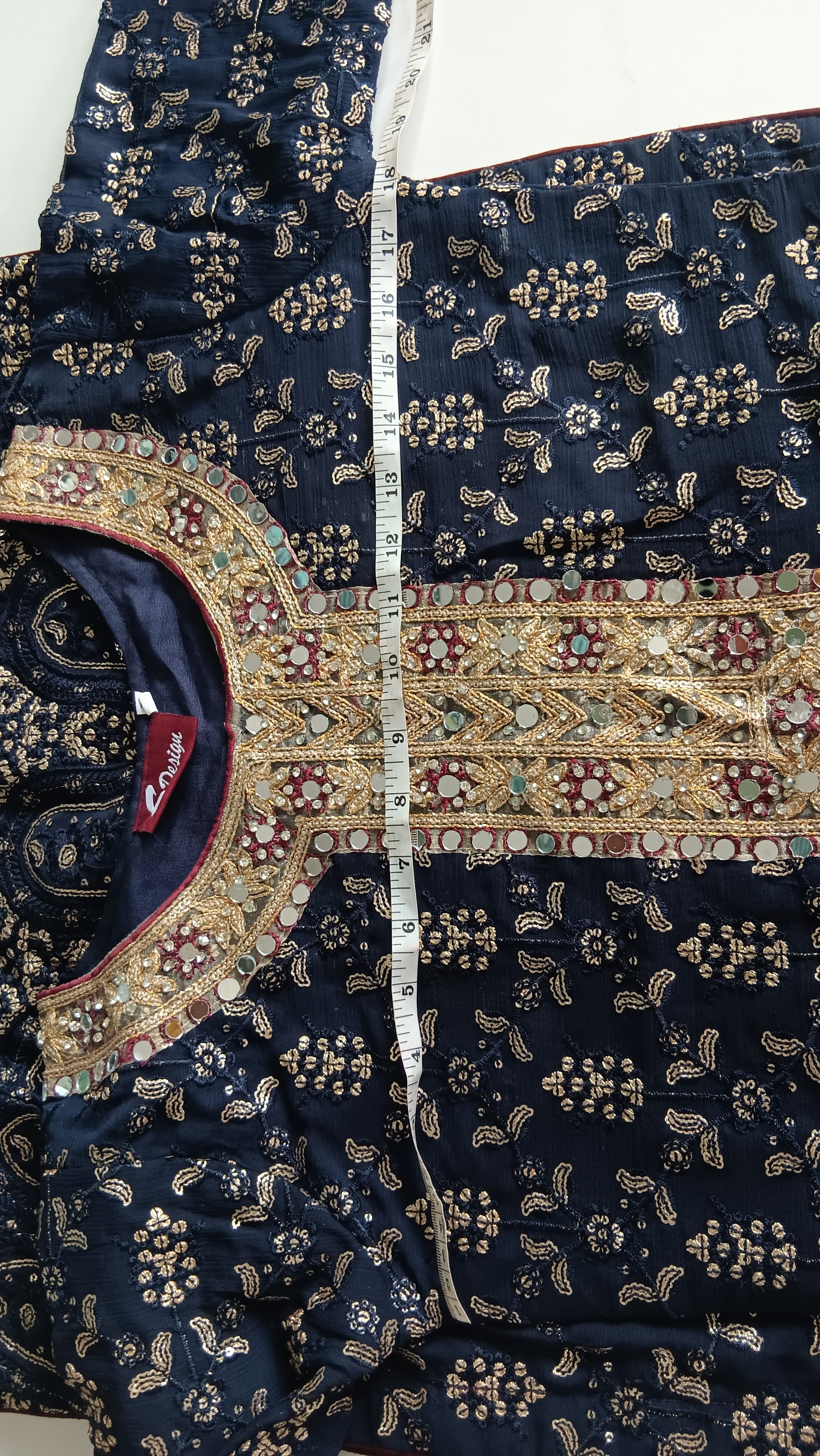 Navy Blue Printed Shalwar Kameez Suit with Red organza Dupatta - Image 4