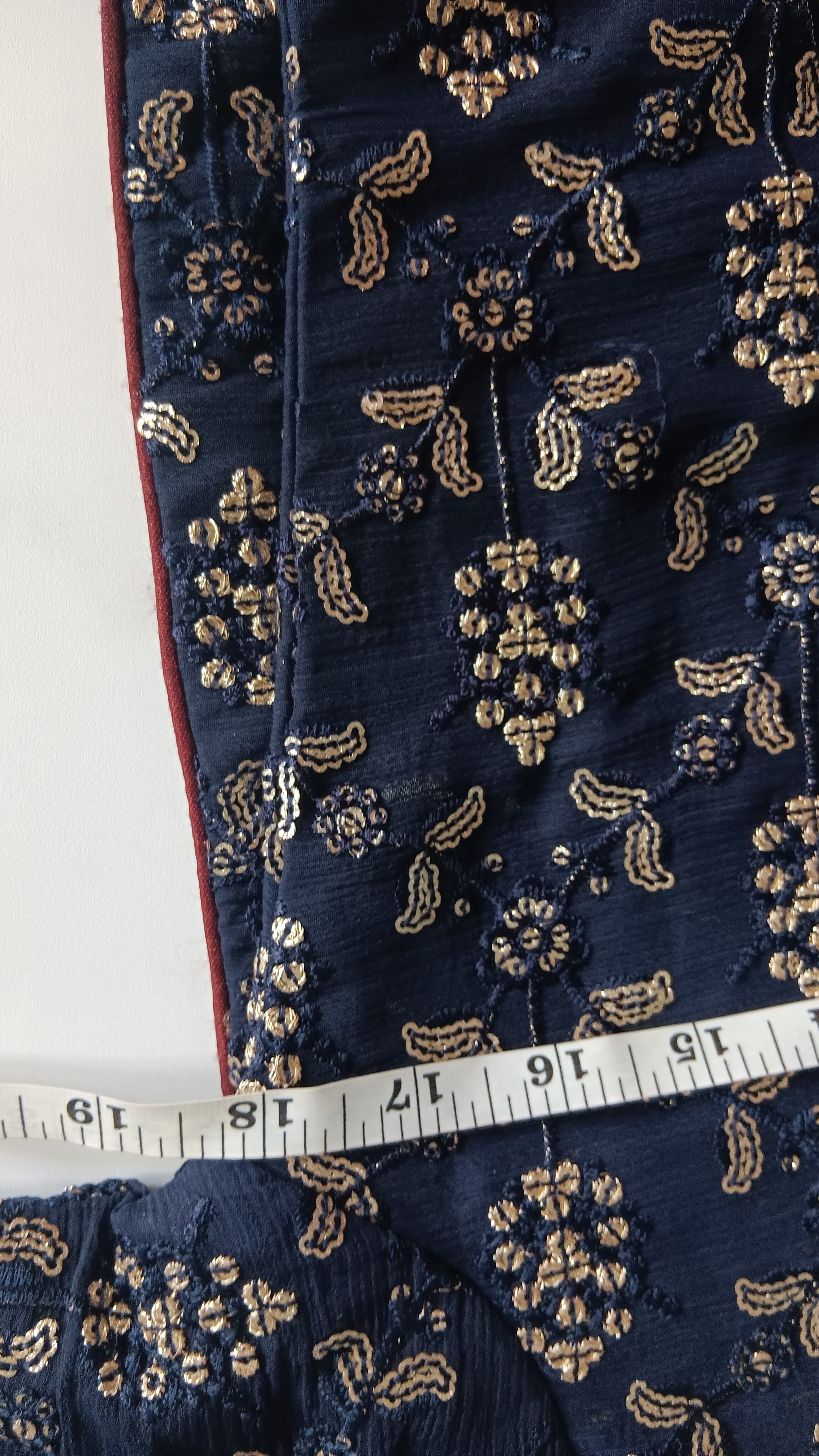 Navy Blue Printed Shalwar Kameez Suit with Red organza Dupatta - Image 2