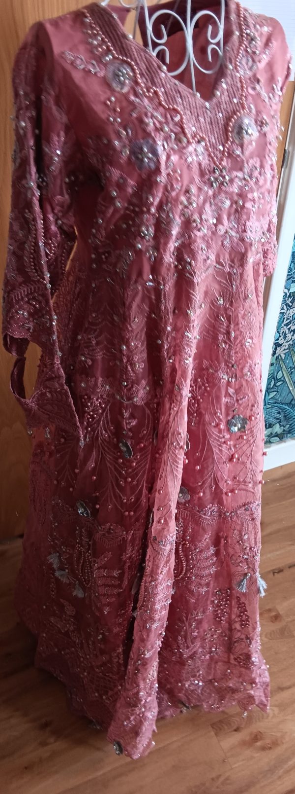 Heavy Heavily Embellished Dusky Pink Organza Anarkali Gown / Maxi Dress (Size M)