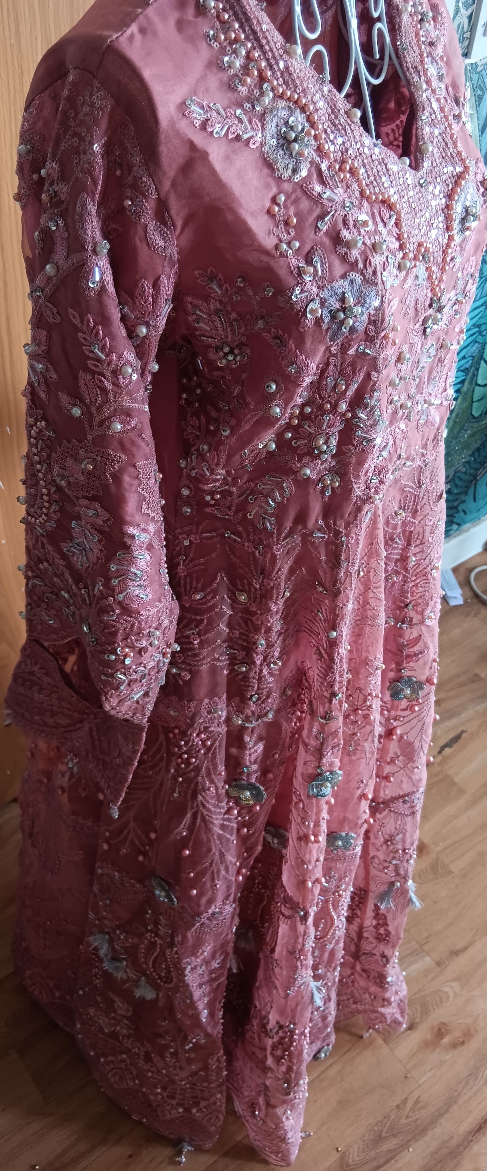 Heavy Heavily Embellished Dusky Pink Organza Anarkali Gown / Maxi Dress (Size M) - Image 2