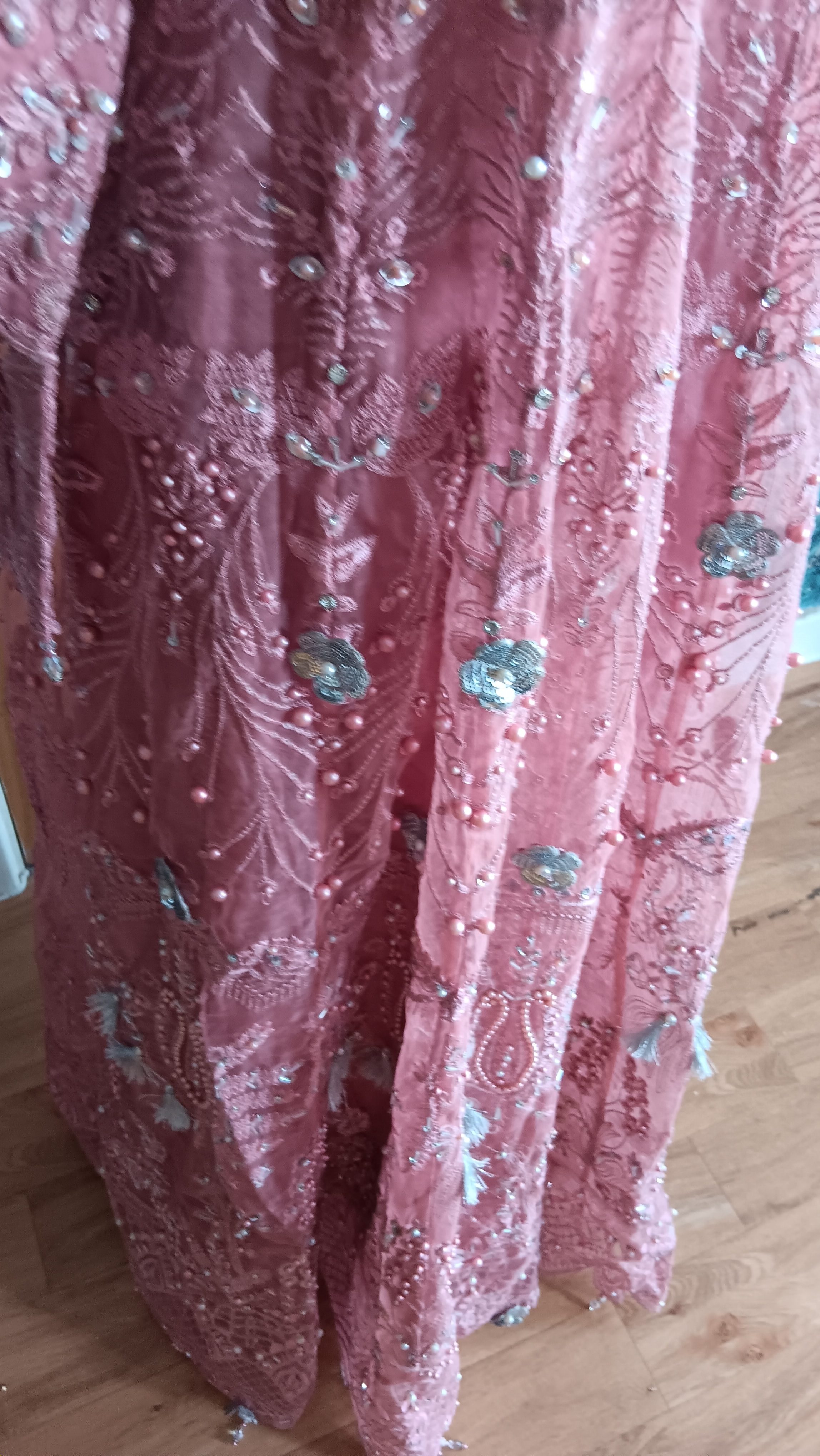 Heavy Heavily Embellished Dusky Pink Organza Anarkali Gown / Maxi Dress (Size M) - Image 9