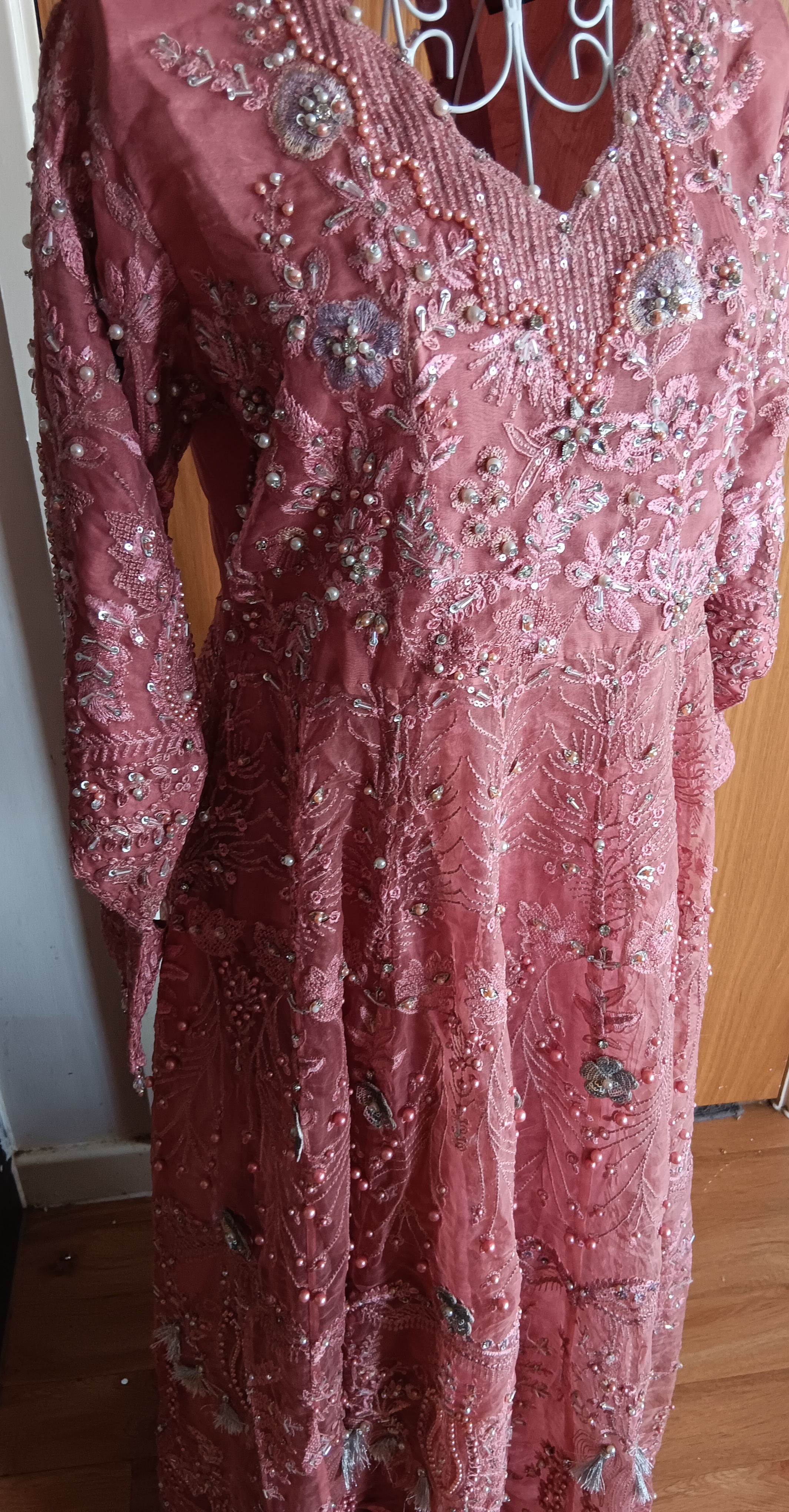 Heavy Heavily Embellished Dusky Pink Organza Anarkali Gown / Maxi Dress (Size M) - Image 6