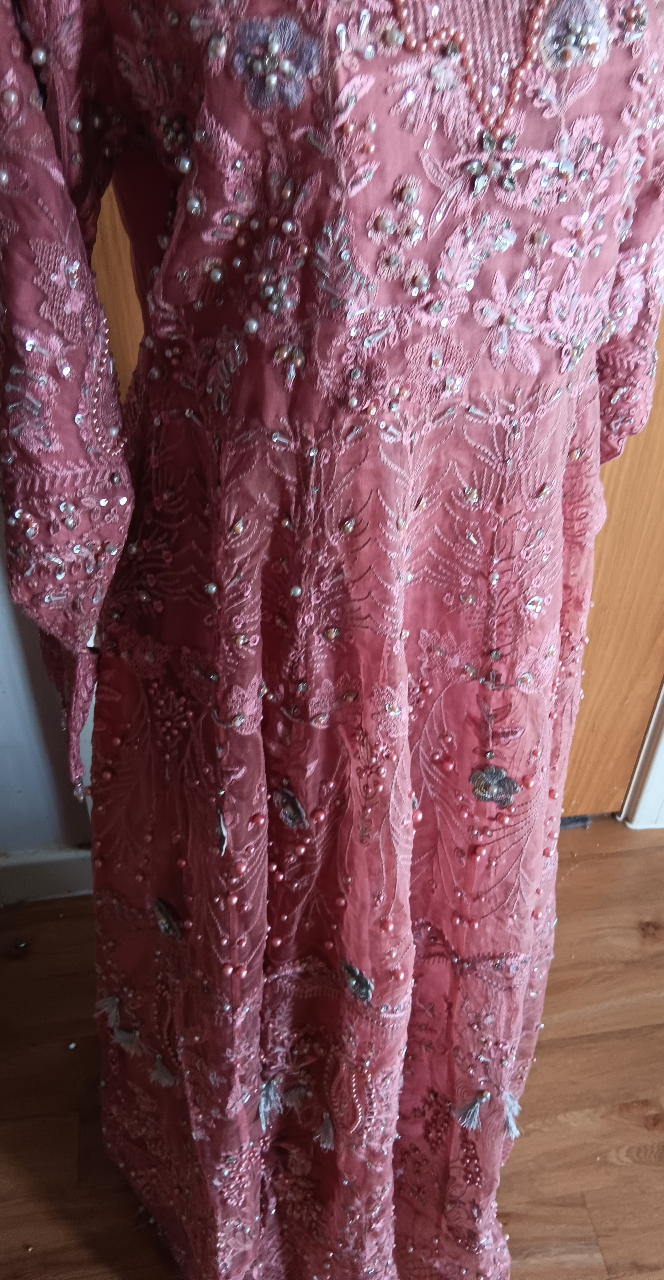 Heavy Heavily Embellished Dusky Pink Organza Anarkali Gown / Maxi Dress (Size M) - Image 4