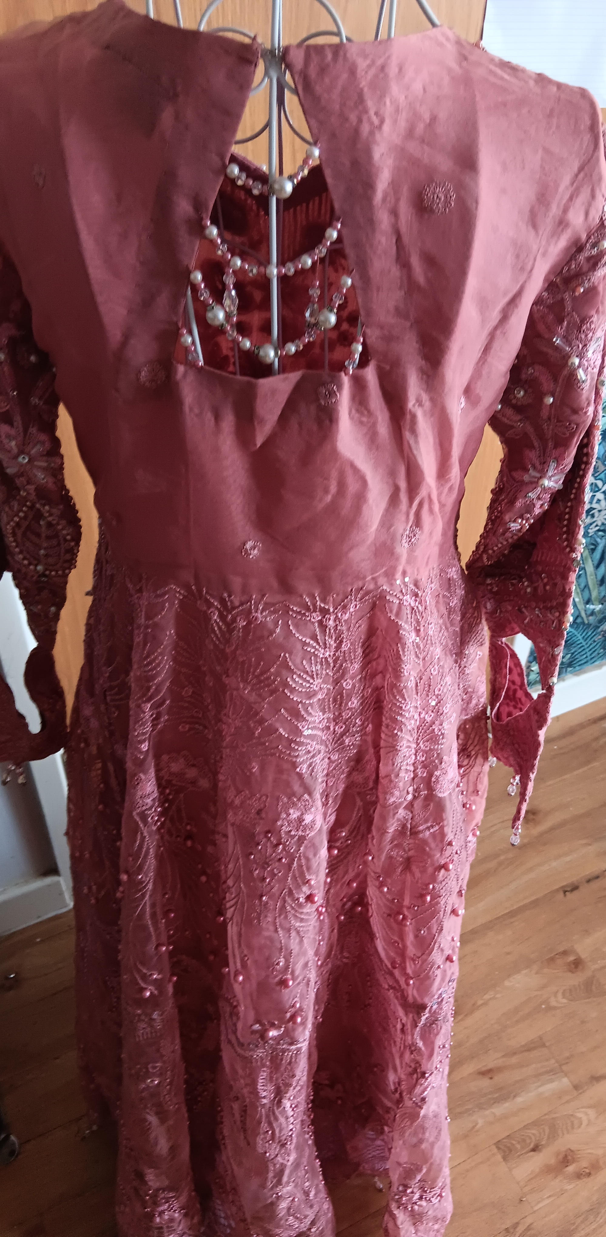 Heavy Heavily Embellished Dusky Pink Organza Anarkali Gown / Maxi Dress (Size M) - Image 3
