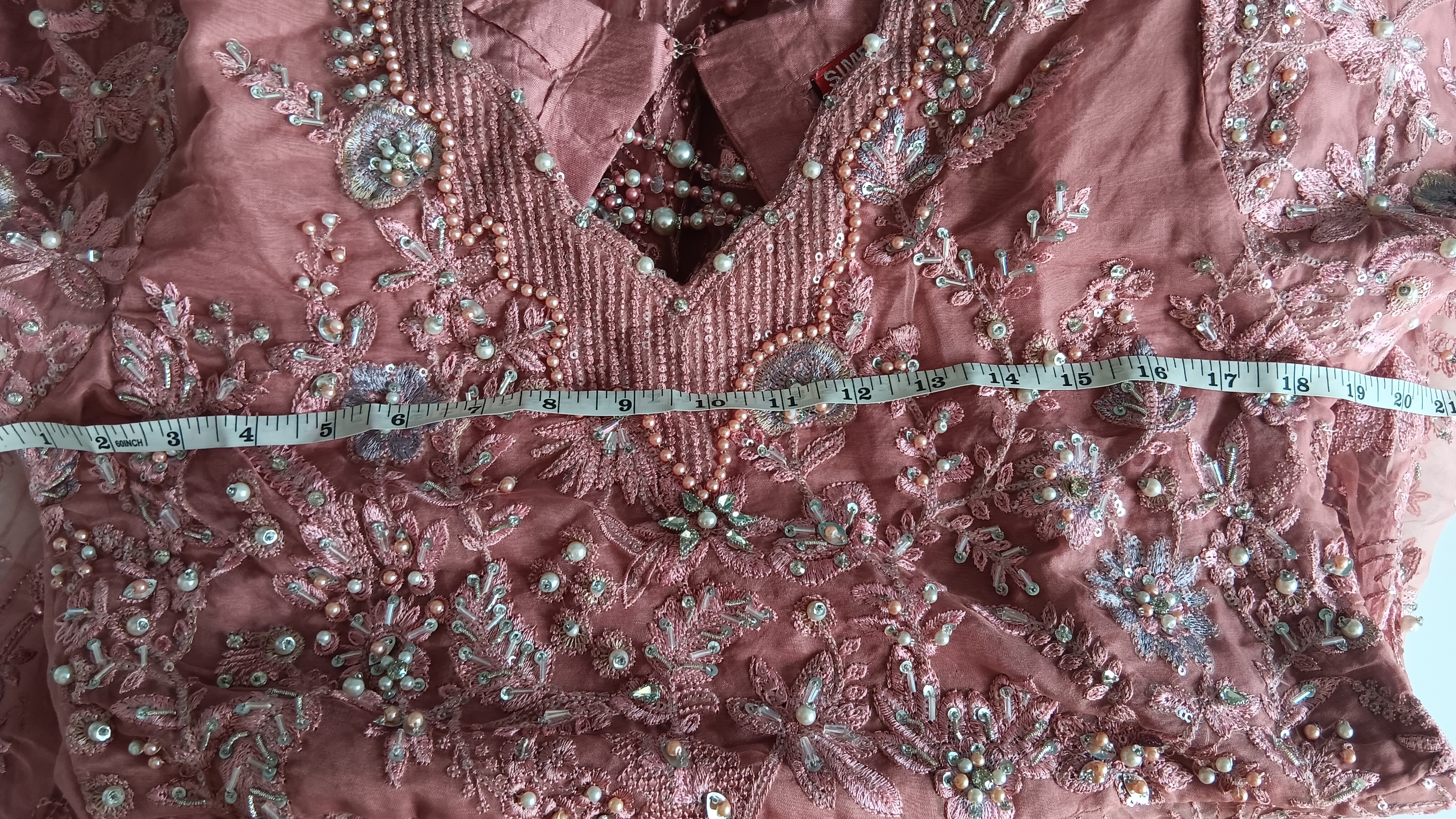 Heavy Heavily Embellished Dusky Pink Organza Anarkali Gown / Maxi Dress (Size M) - Image 18