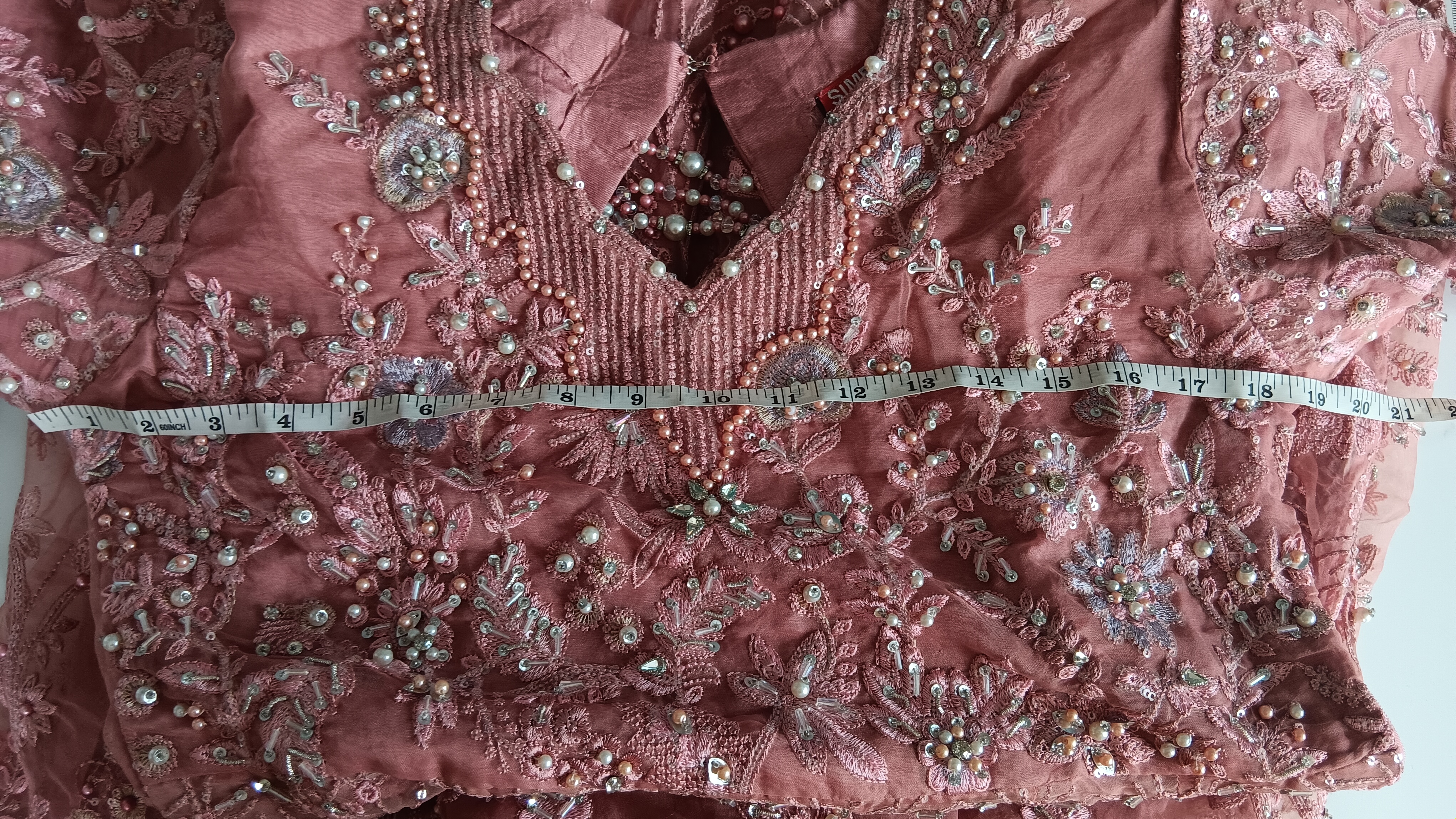 Heavy Heavily Embellished Dusky Pink Organza Anarkali Gown / Maxi Dress (Size M) - Image 13