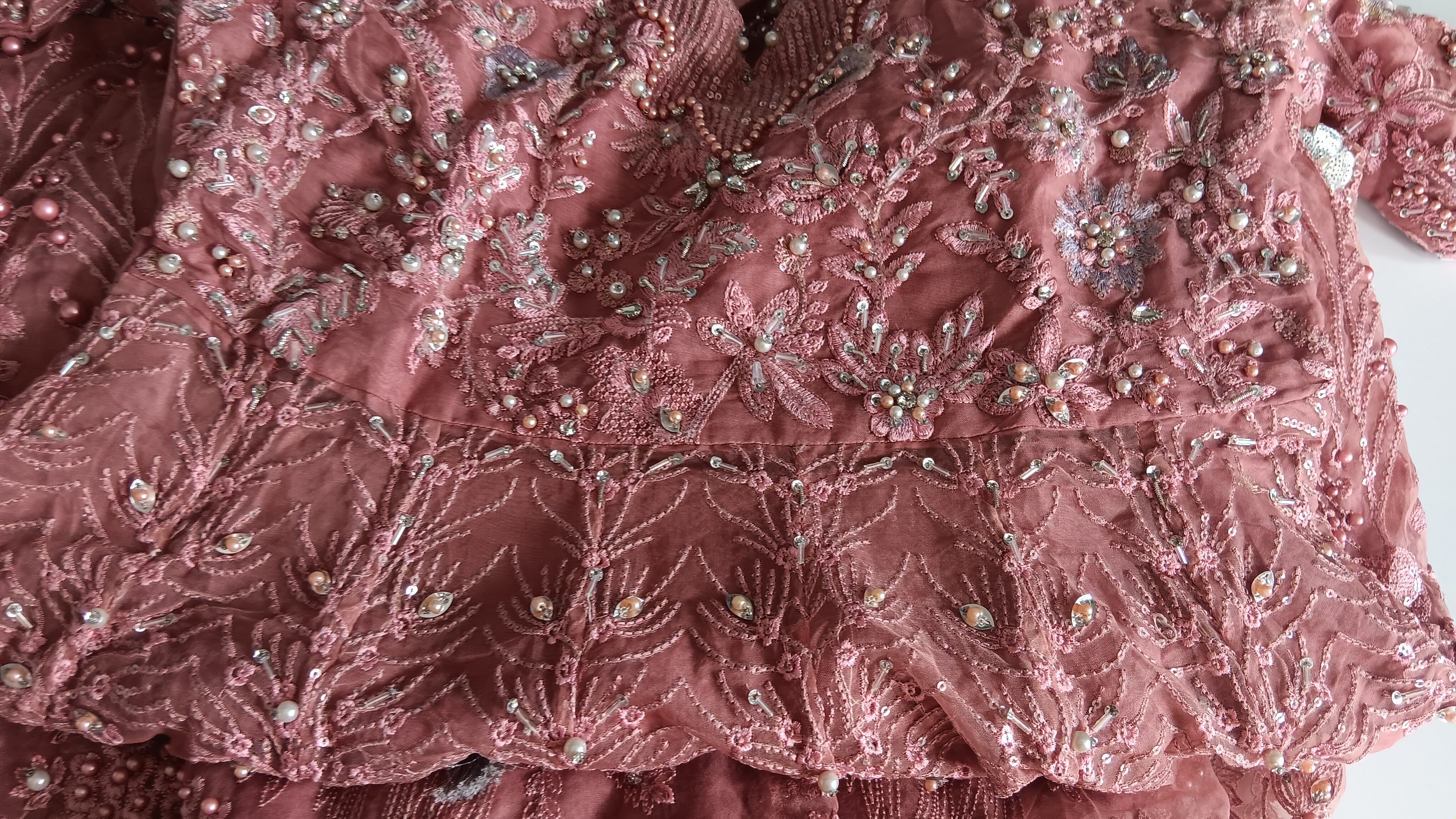 Heavy Heavily Embellished Dusky Pink Organza Anarkali Gown / Maxi Dress (Size M) - Image 17