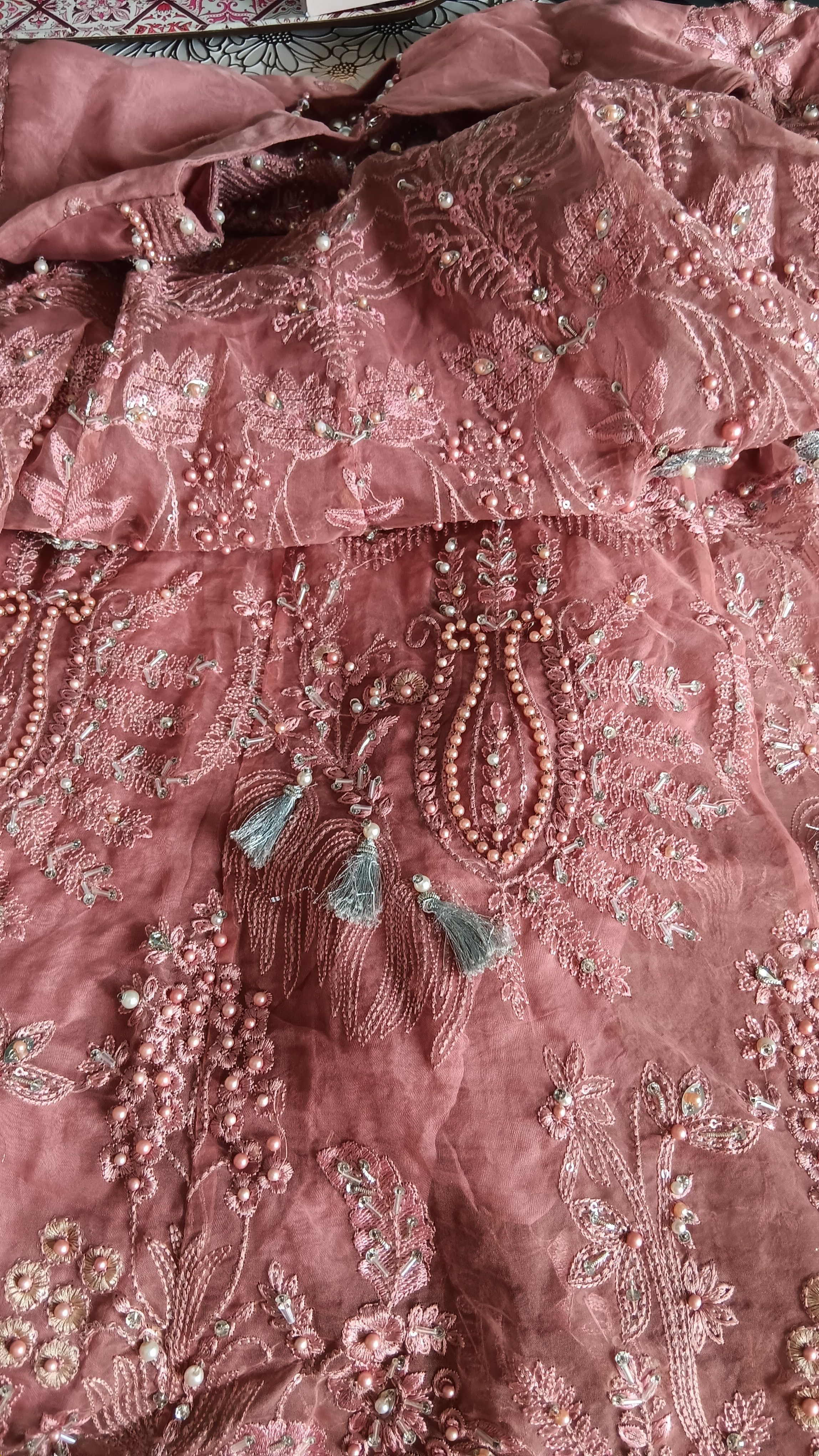 Heavy Heavily Embellished Dusky Pink Organza Anarkali Gown / Maxi Dress (Size M) - Image 16