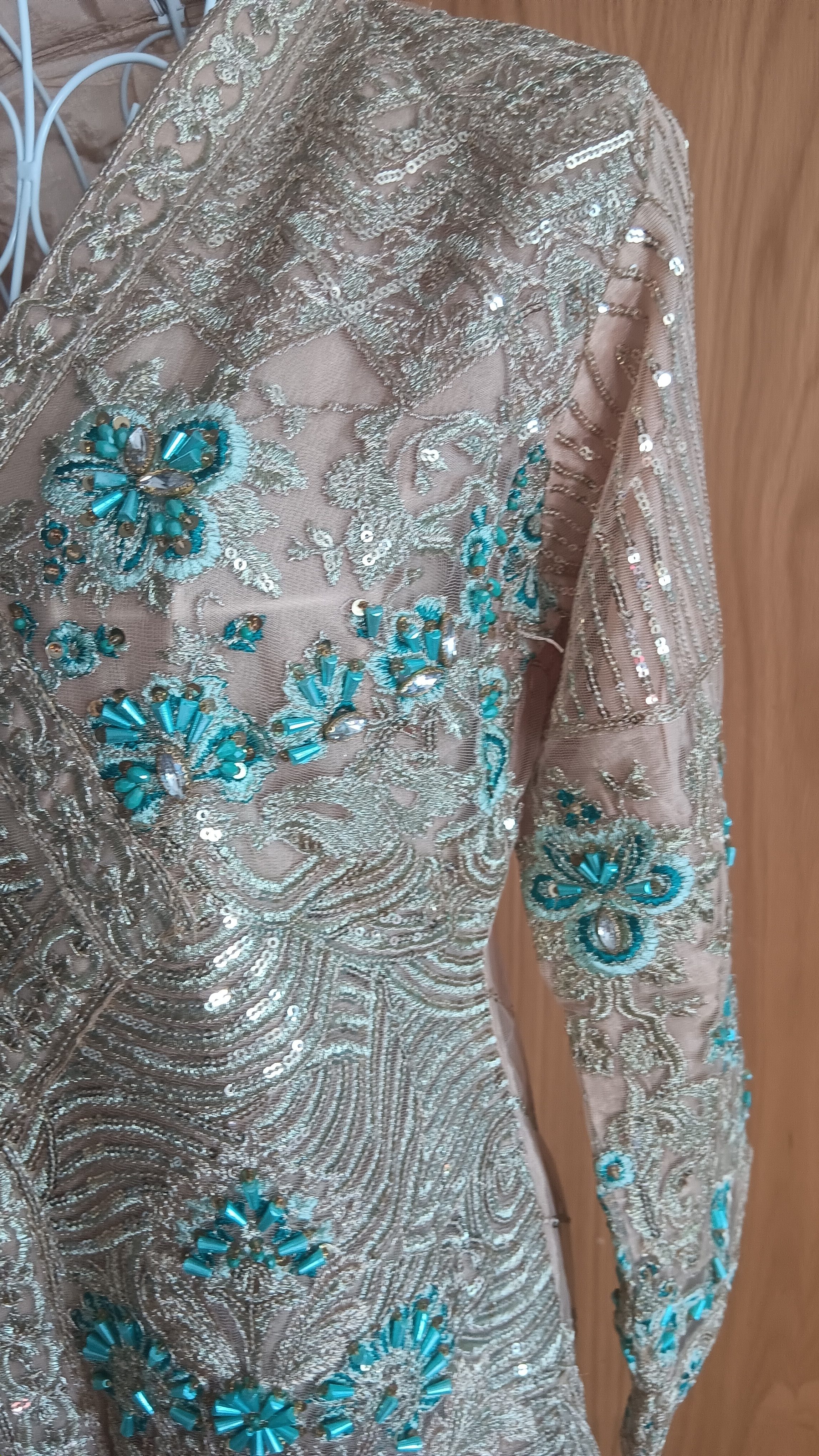 Designer Gold & Turquoise Embellished Front Open Jacket Wide Leg Trouser Suit 3 Piece - Image 10