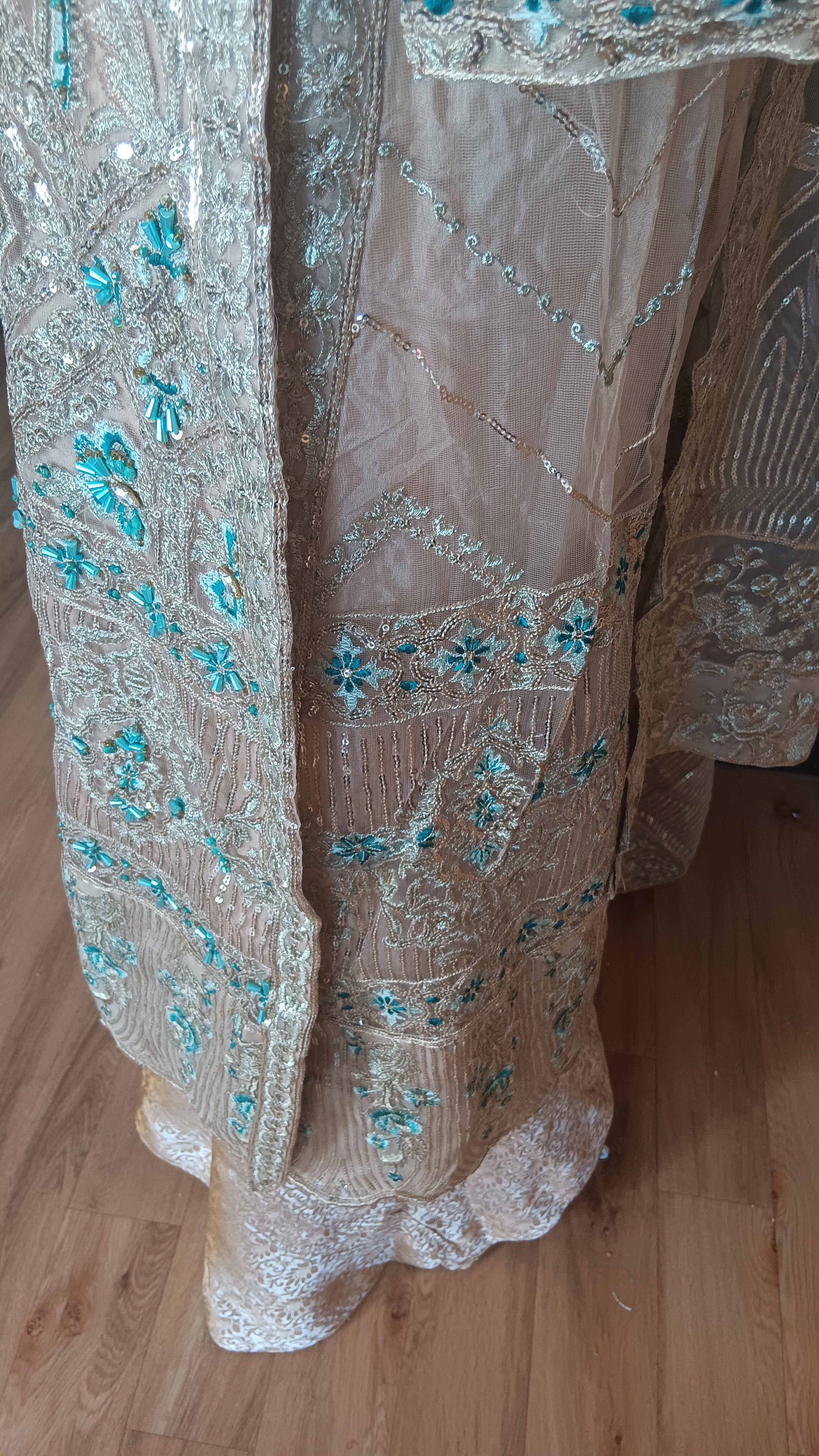 Designer Gold & Turquoise Embellished Front Open Jacket Wide Leg Trouser Suit 3 Piece - Image 9