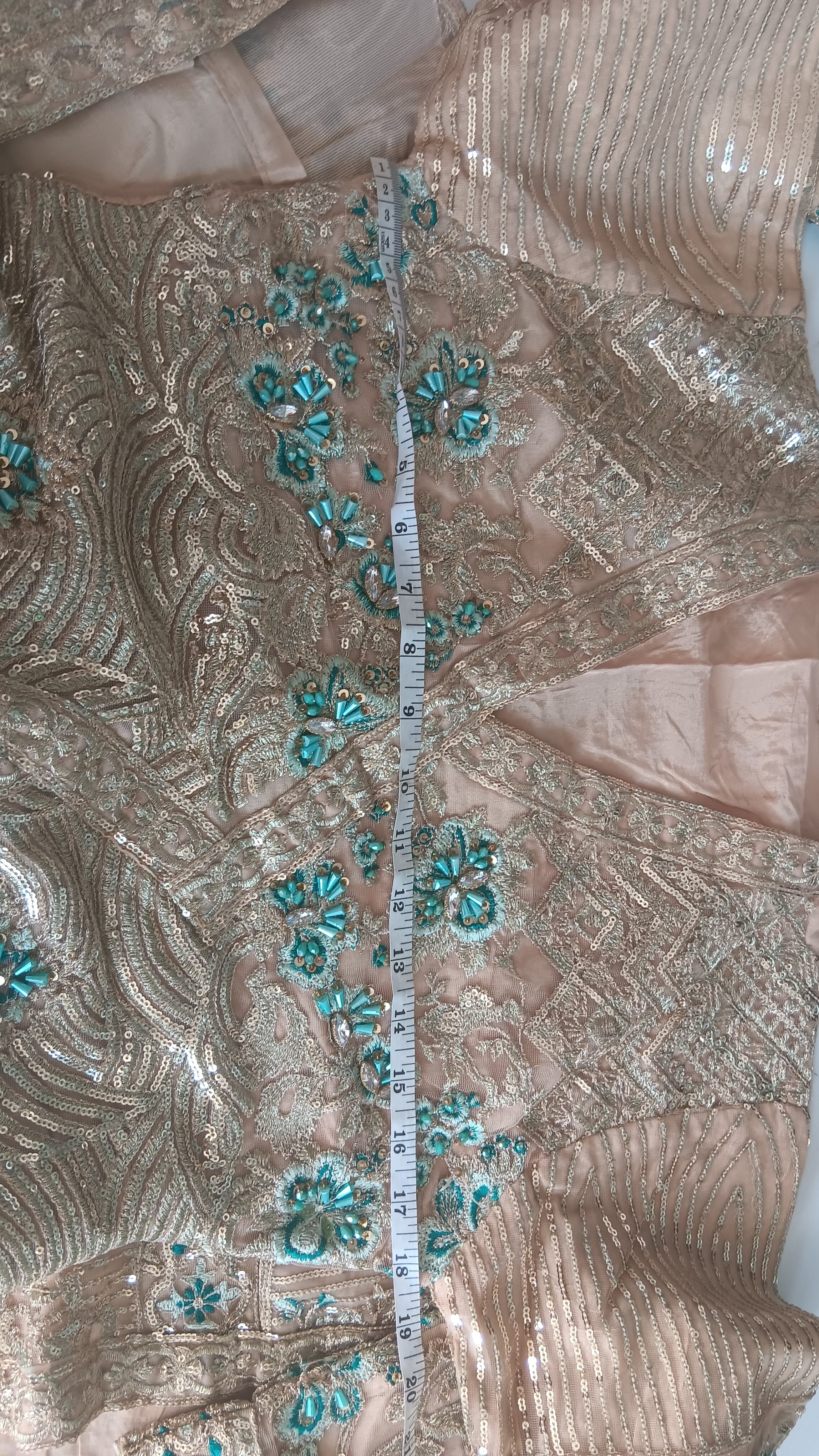 Designer Gold & Turquoise Embellished Front Open Jacket Wide Leg Trouser Suit 3 Piece - Image 22