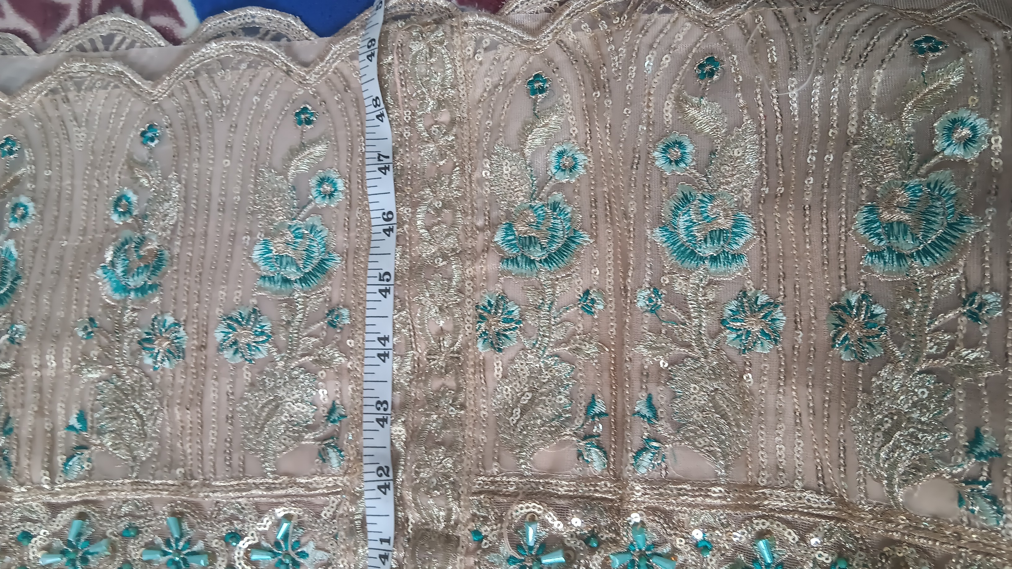 Designer Gold & Turquoise Embellished Front Open Jacket Wide Leg Trouser Suit 3 Piece - Image 11
