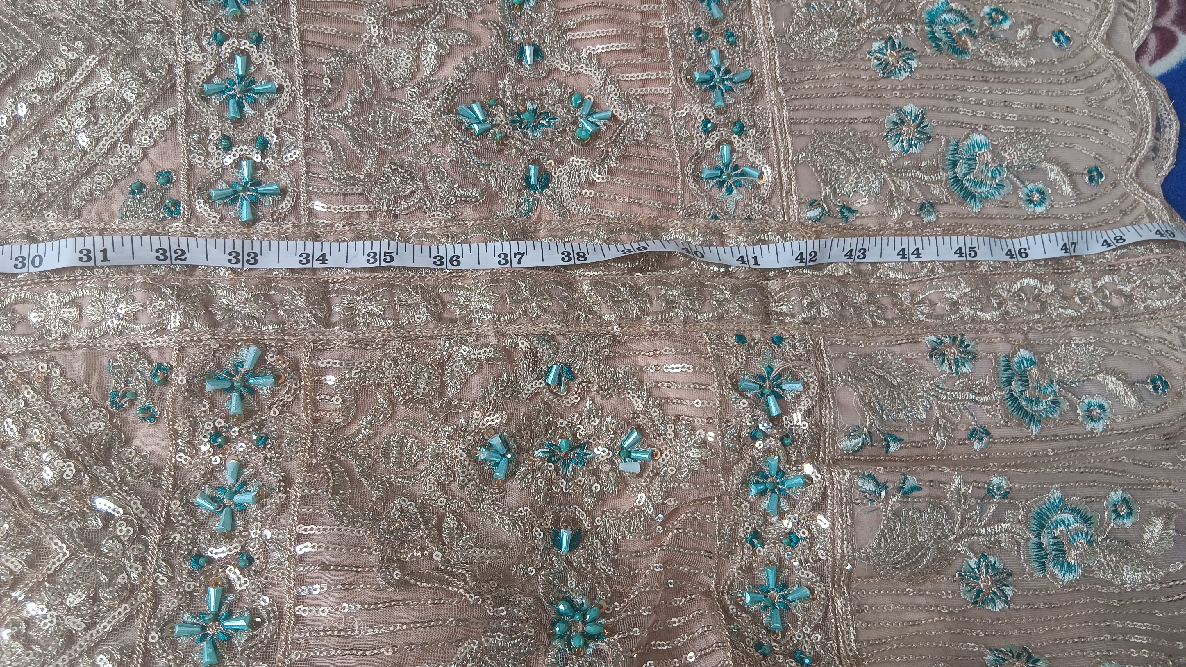 Designer Gold & Turquoise Embellished Front Open Jacket Wide Leg Trouser Suit 3 Piece - Image 24