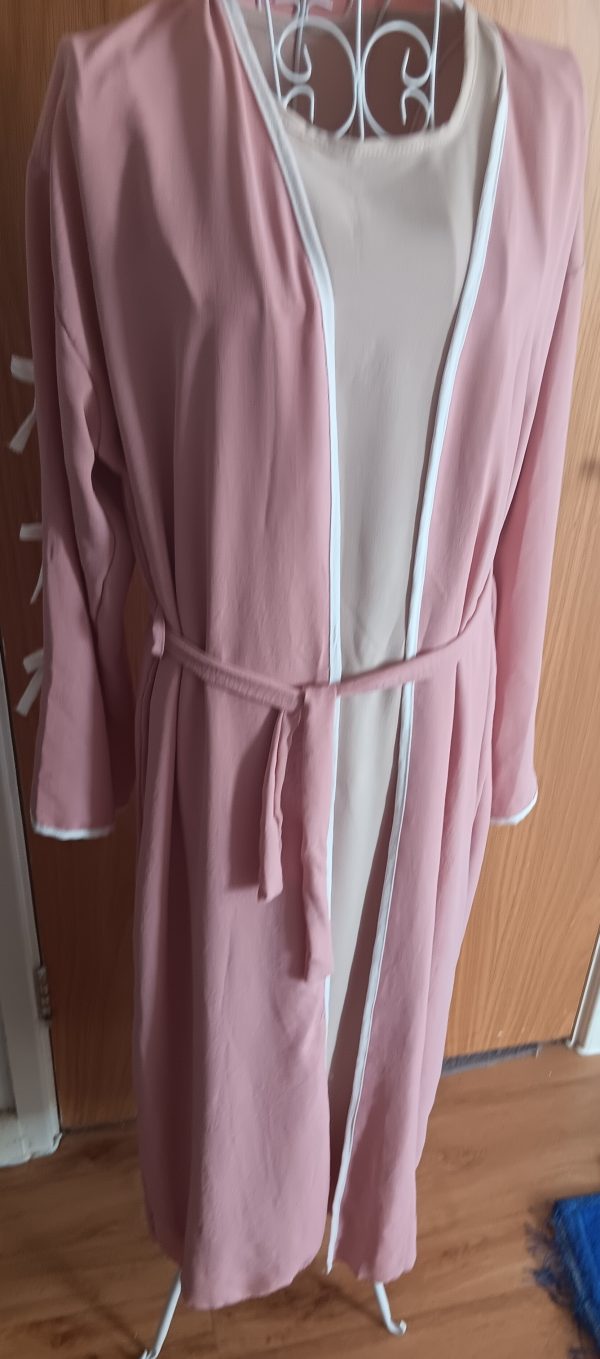 Dusty Pink 2 Piece Open Abaya Set Inner Dress Matching Belt Ribbon Sleeves Kimono
