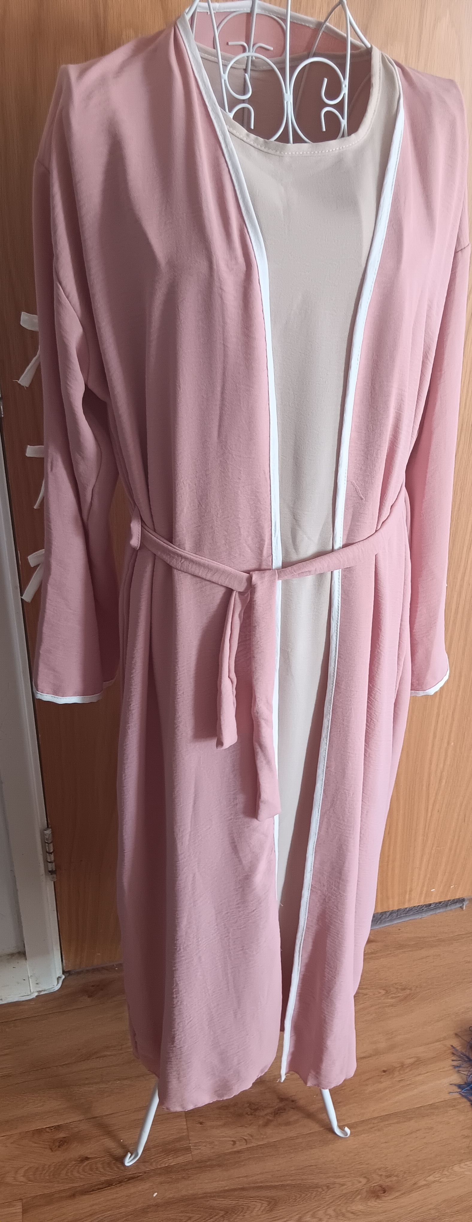 Dusty Pink 2 Piece Open Abaya Set Inner Dress Matching Belt Ribbon Sleeves Kimono - Image 9