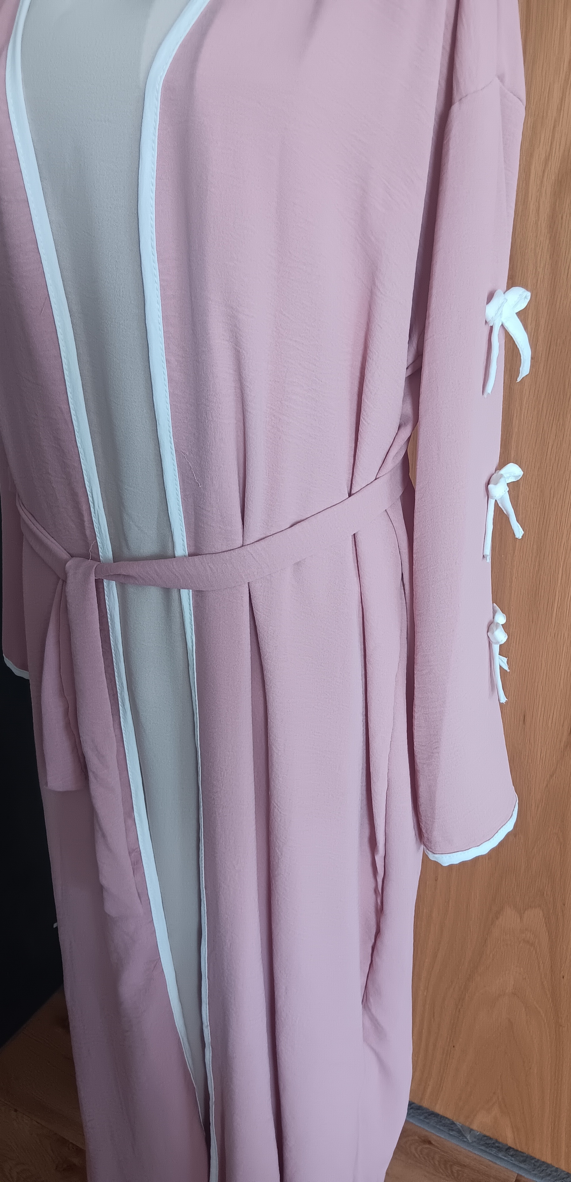 Dusty Pink 2 Piece Open Abaya Set Inner Dress Matching Belt Ribbon Sleeves Kimono - Image 10