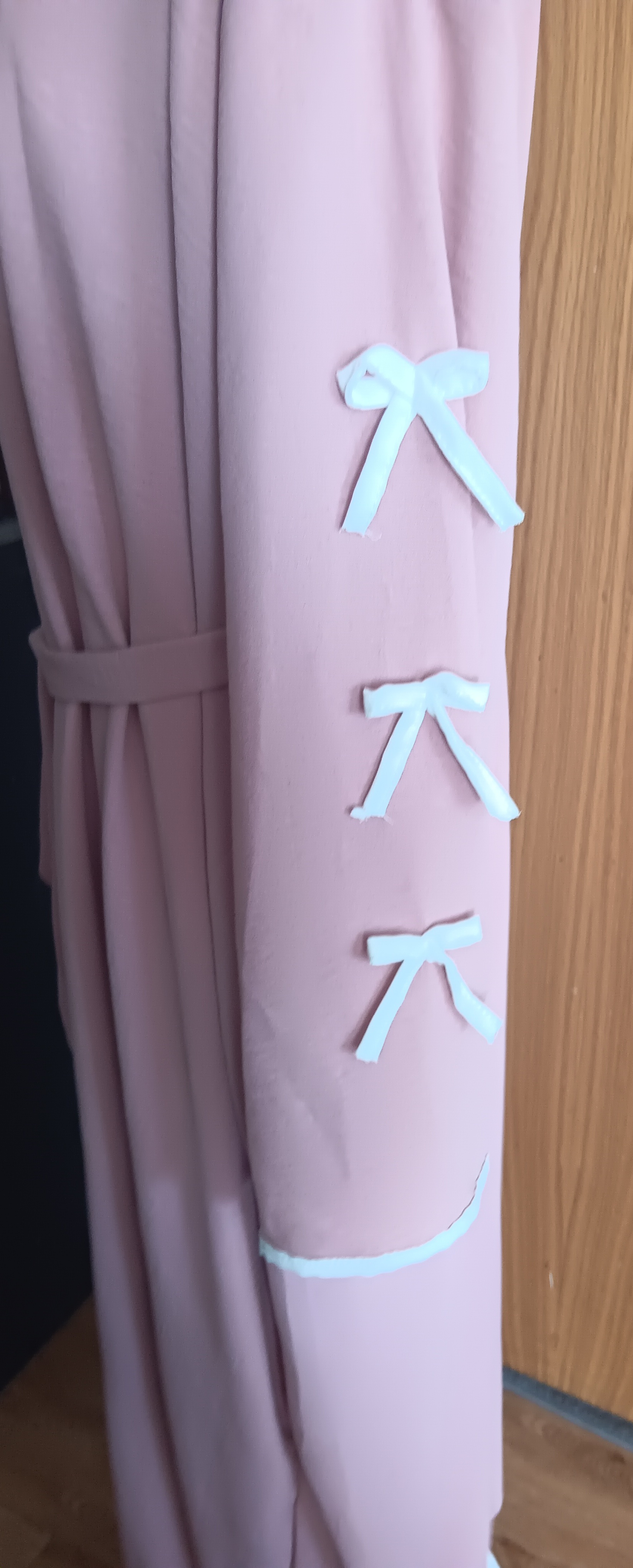 Dusty Pink 2 Piece Open Abaya Set Inner Dress Matching Belt Ribbon Sleeves Kimono - Image 6