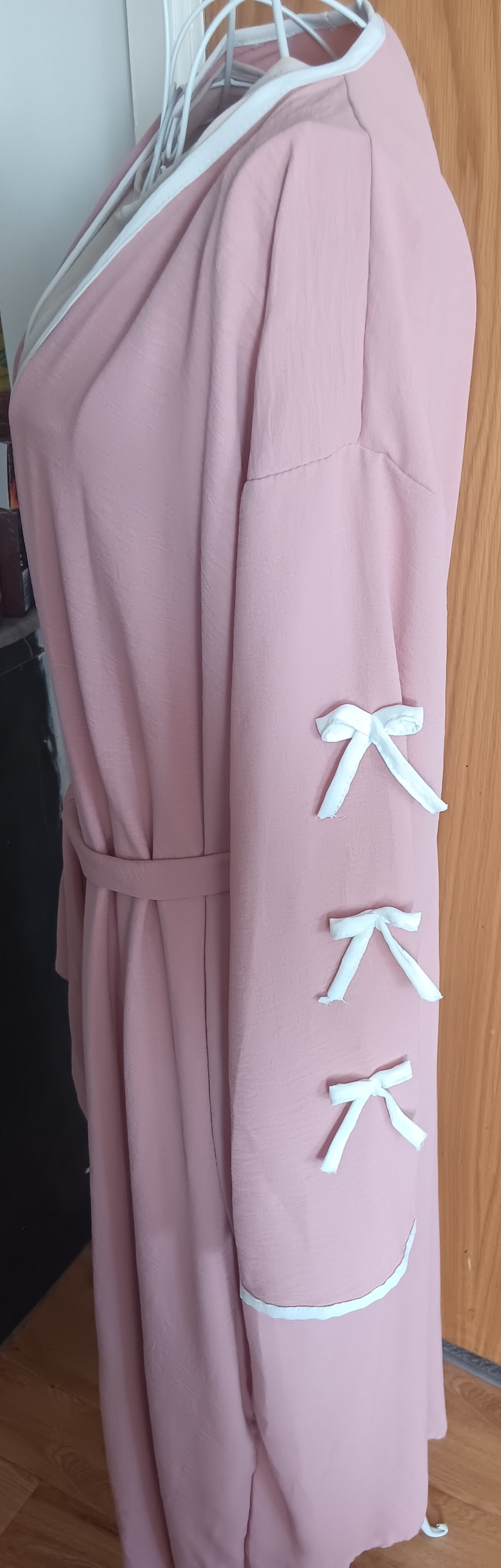 Dusty Pink 2 Piece Open Abaya Set Inner Dress Matching Belt Ribbon Sleeves Kimono - Image 2