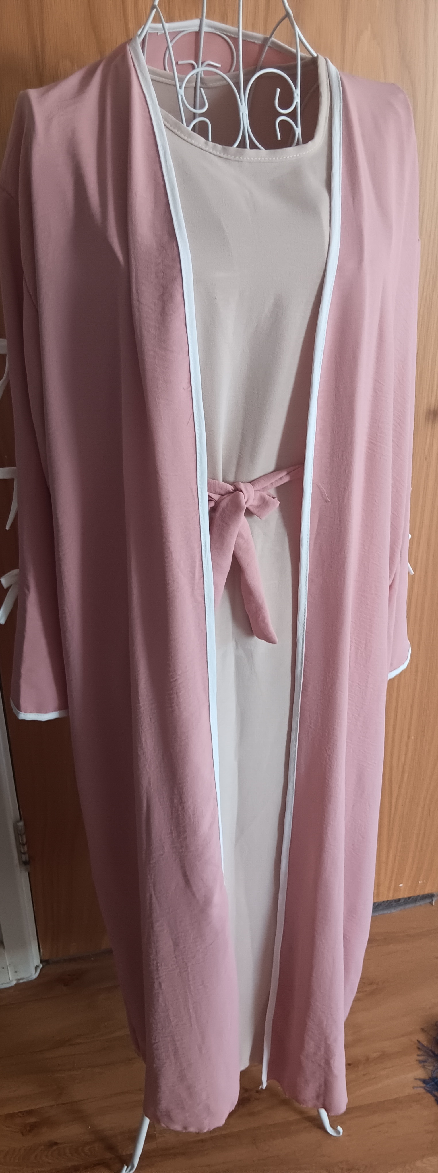 Dusty Pink 2 Piece Open Abaya Set Inner Dress Matching Belt Ribbon Sleeves Kimono - Image 4