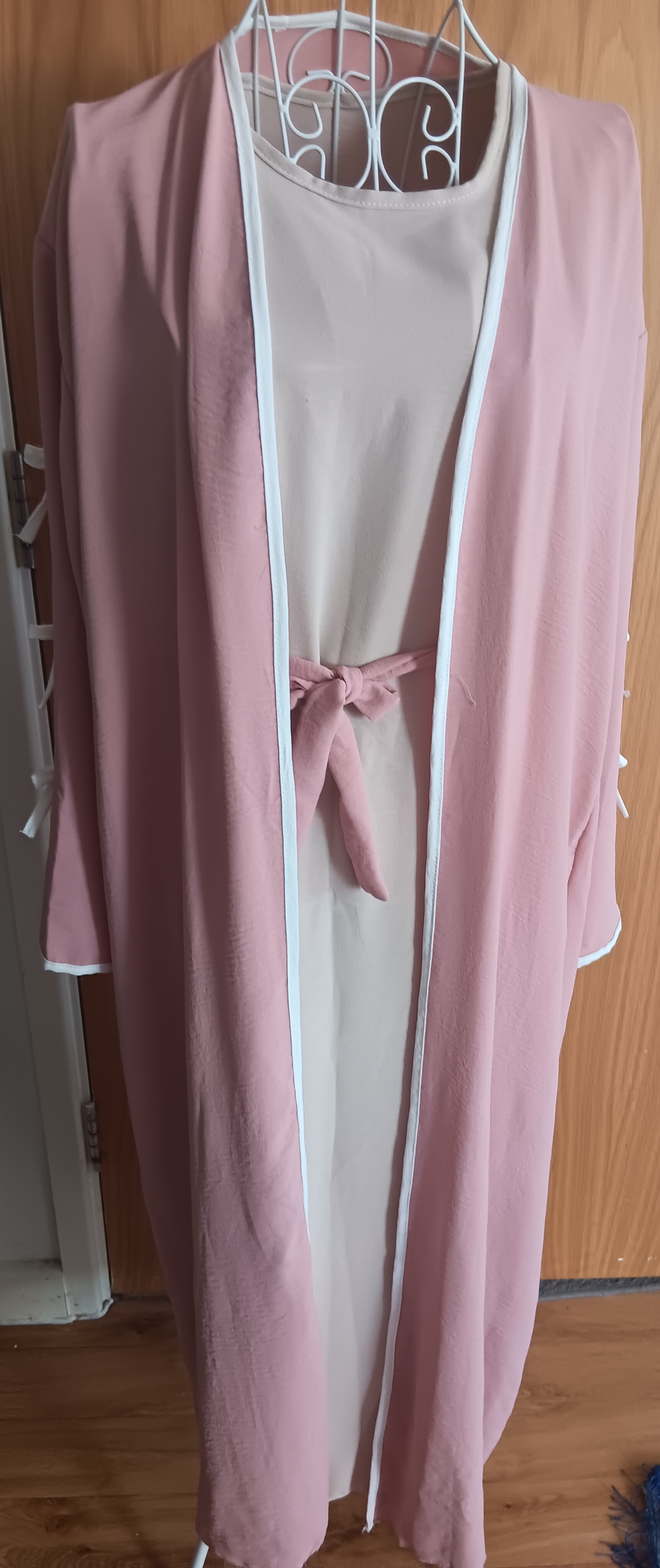 Dusty Pink 2 Piece Open Abaya Set Inner Dress Matching Belt Ribbon Sleeves Kimono - Image 8