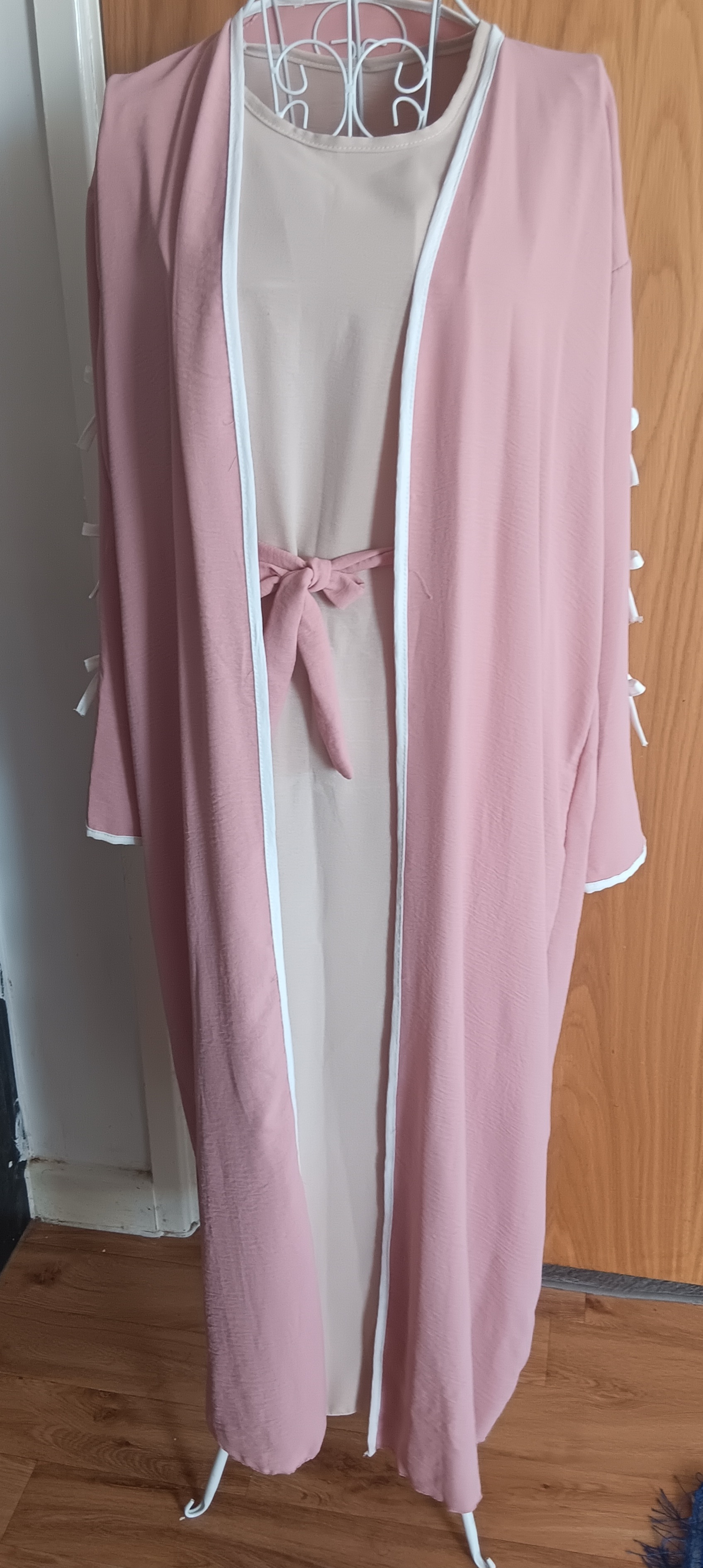 Dusty Pink 2 Piece Open Abaya Set Inner Dress Matching Belt Ribbon Sleeves Kimono - Image 3