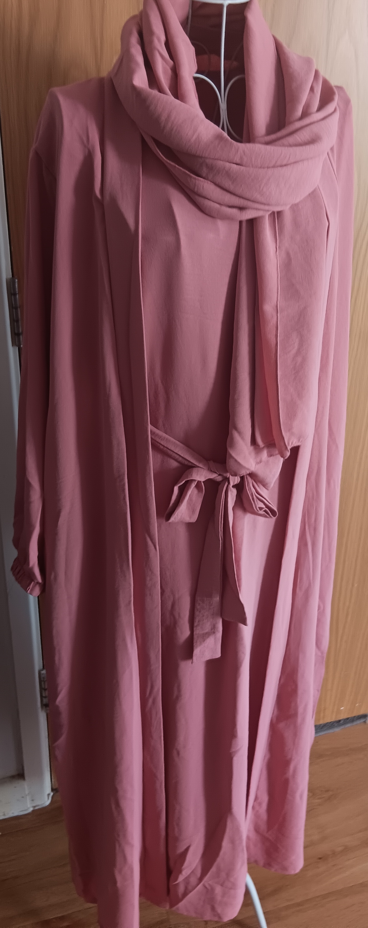 Dusty Pink Rose 3 Piece Open Abaya Set Inner Slip Dress Matching Hijab Belt Kimono - Image 5