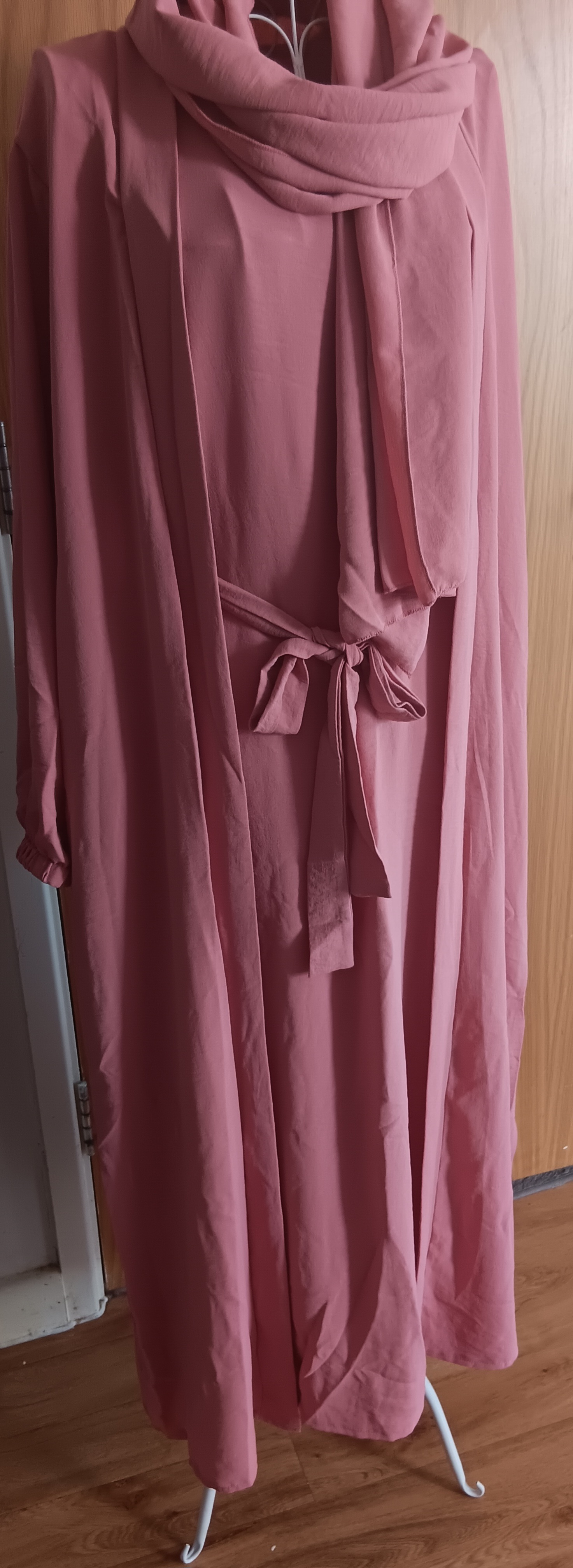 Dusty Pink Rose 3 Piece Open Abaya Set Inner Slip Dress Matching Hijab Belt Kimono - Image 8