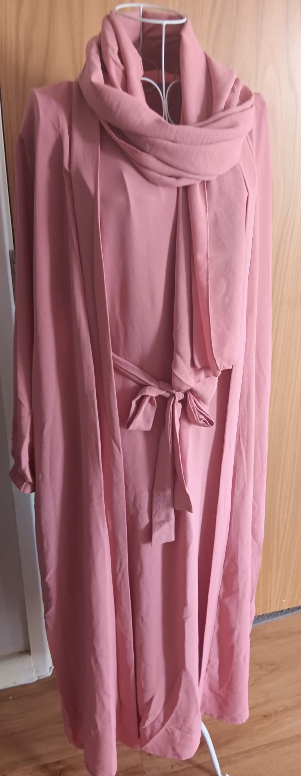 ​Dusty Pink Rose 3 Piece Open Abaya Set Inner Slip Dress Matching Hijab Belt Kimono