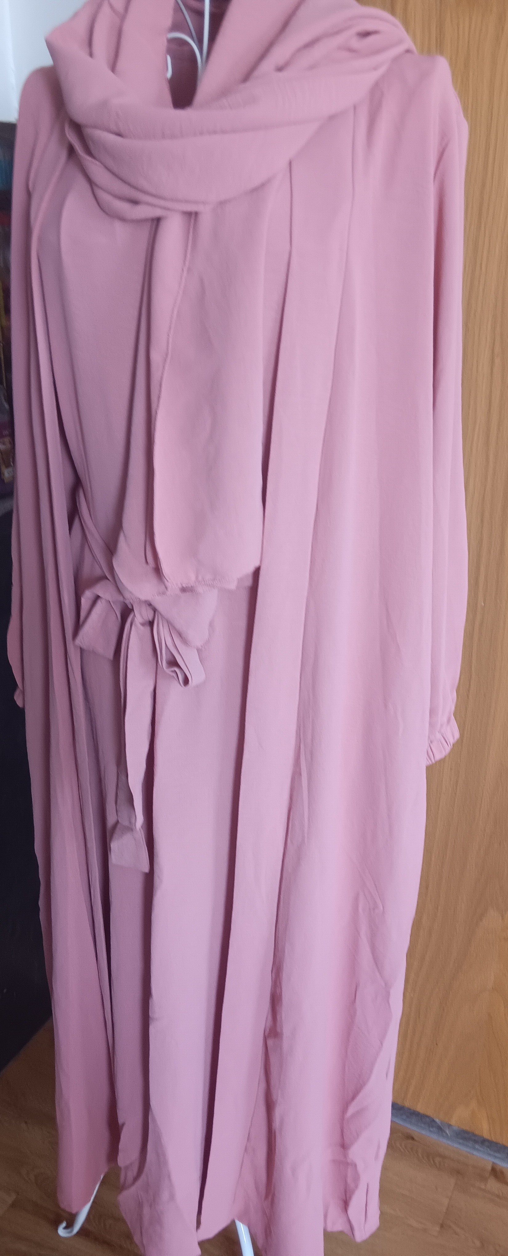Dusty Pink Rose 3 Piece Open Abaya Set Inner Slip Dress Matching Hijab Belt Kimono - Image 6