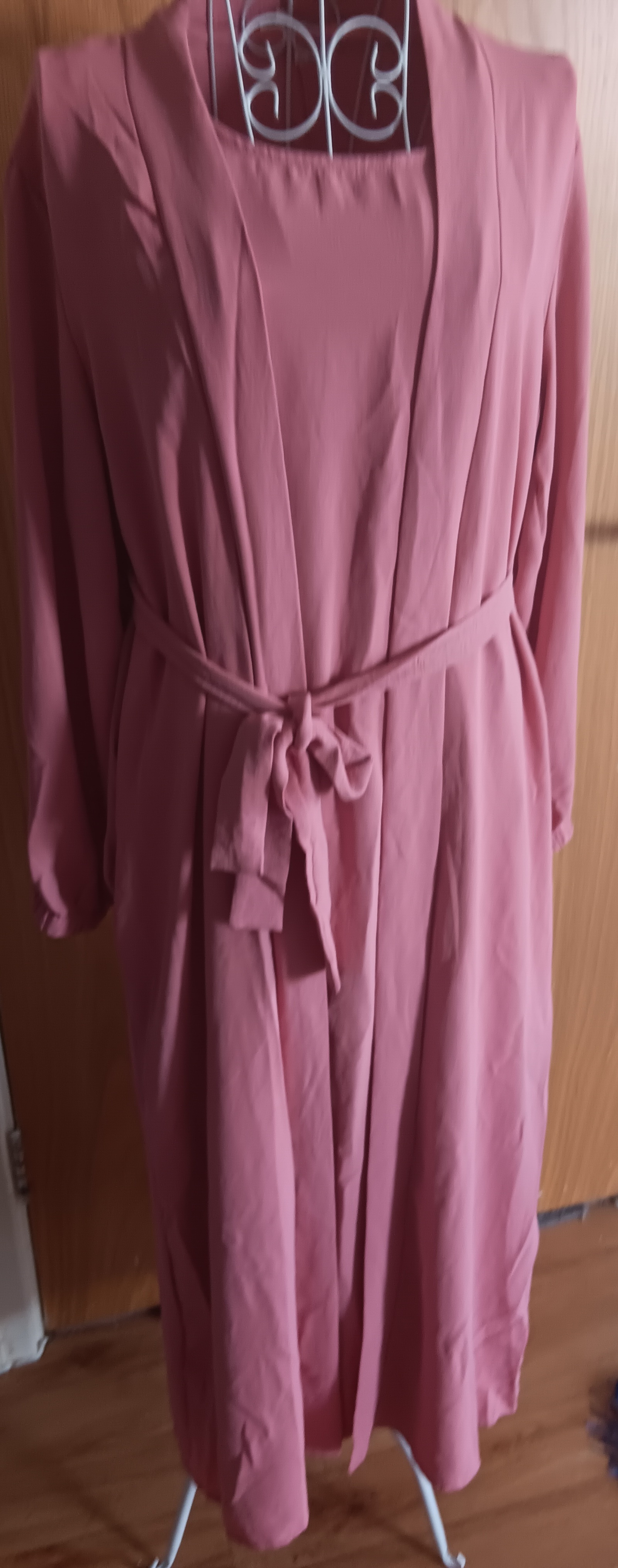 Dusty Pink Rose 3 Piece Open Abaya Set Inner Slip Dress Matching Hijab Belt Kimono - Image 2