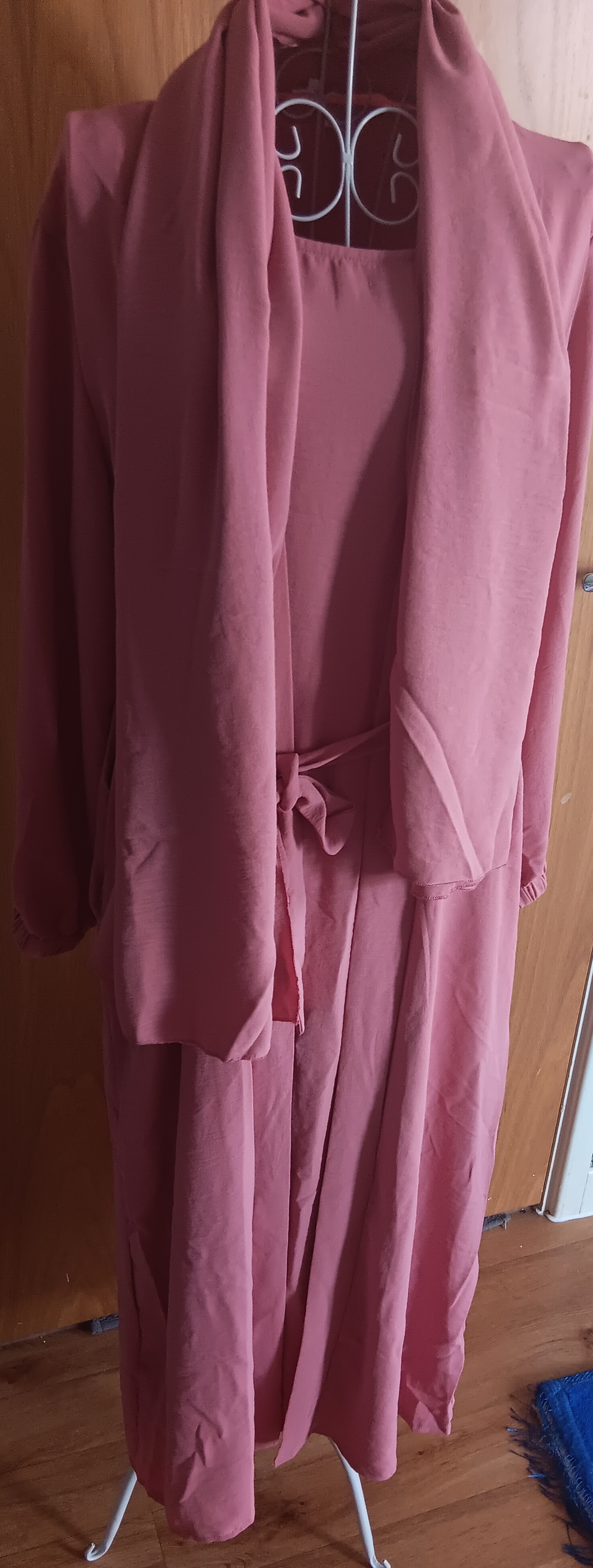 Dusty Pink Rose 3 Piece Open Abaya Set Inner Slip Dress Matching Hijab Belt Kimono - Image 4